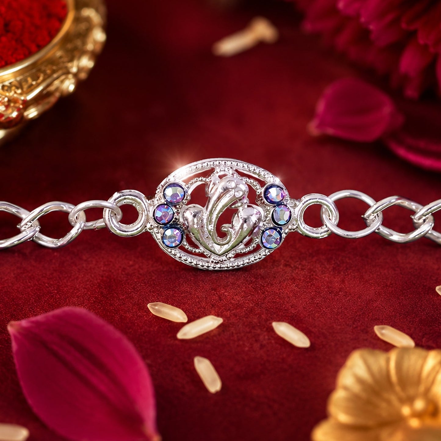 Premium Silver Ganesha Rakhi with Stones Chain Bracelet for Brother (1 Pc)