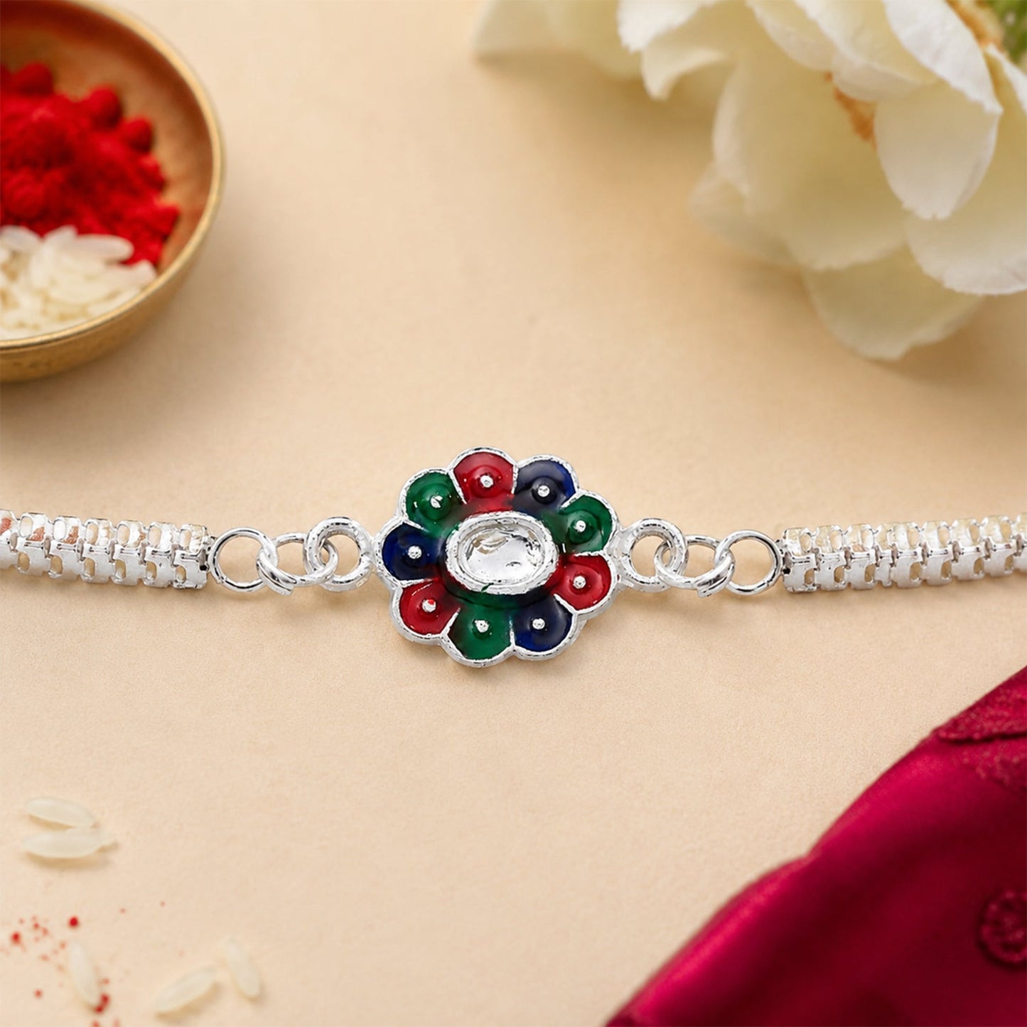 Colorful petal Rakhi with elegant silver chain for Raksha Bandhan