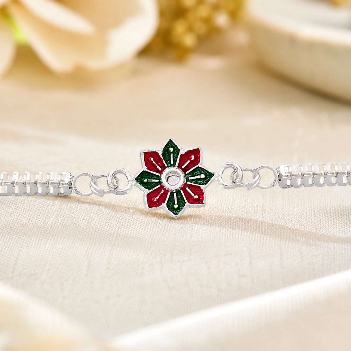 Silver Rakhi – Floral Enamel Design for Brothers