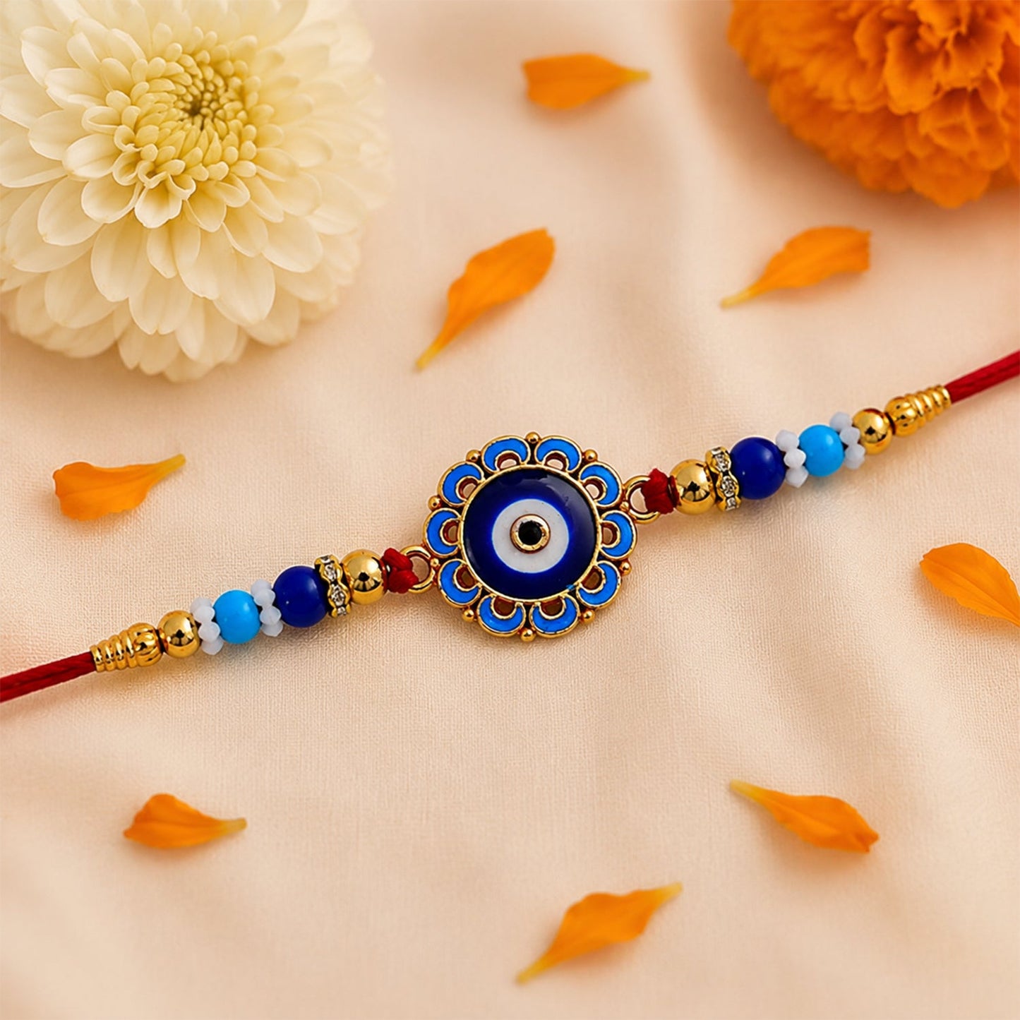 The protective Evil Eye Rakhi presented on a traditional festive background, ready for gifting.