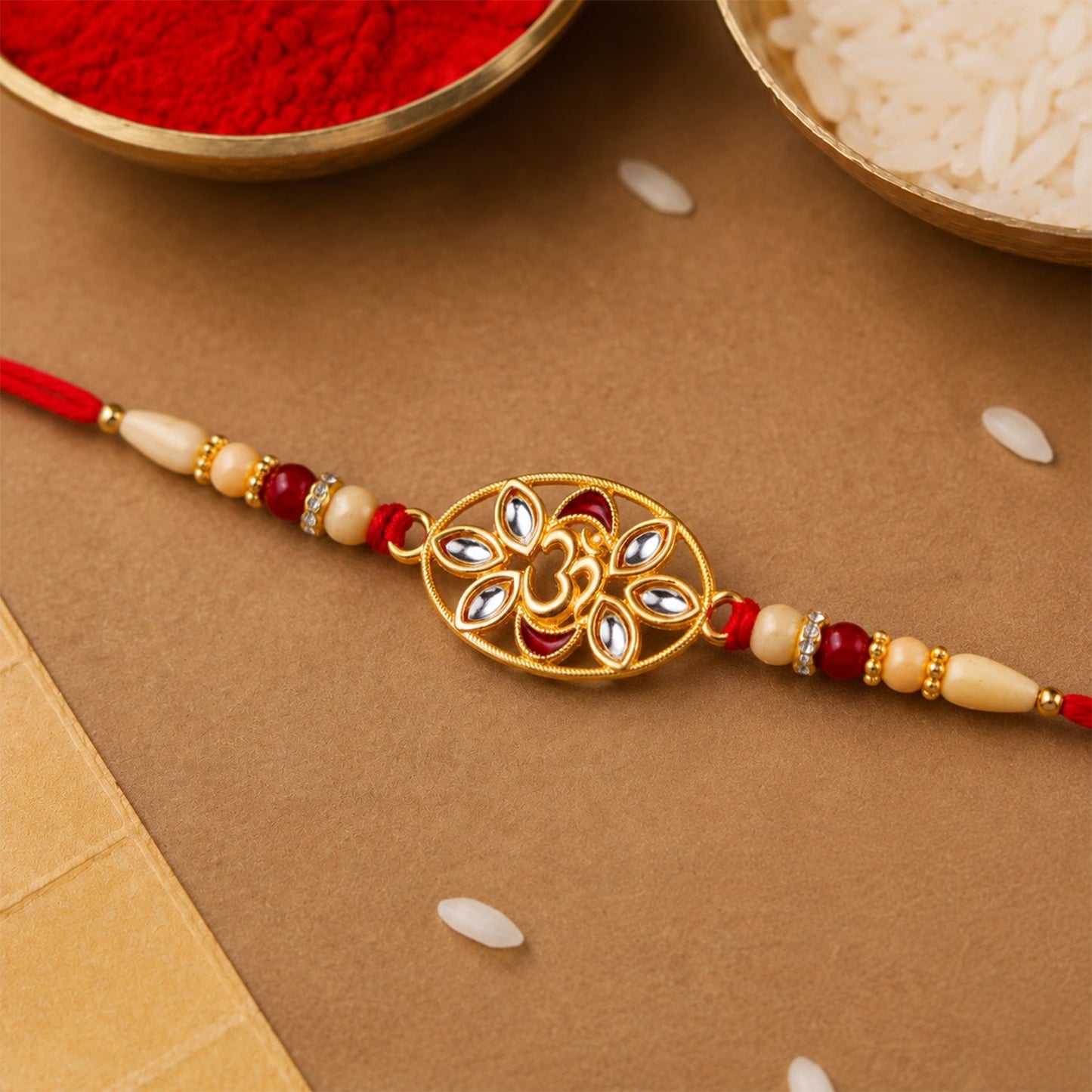 Side profile of the Om Kundan Rakhi, highlighting its comfortable thread and craftsmanship.