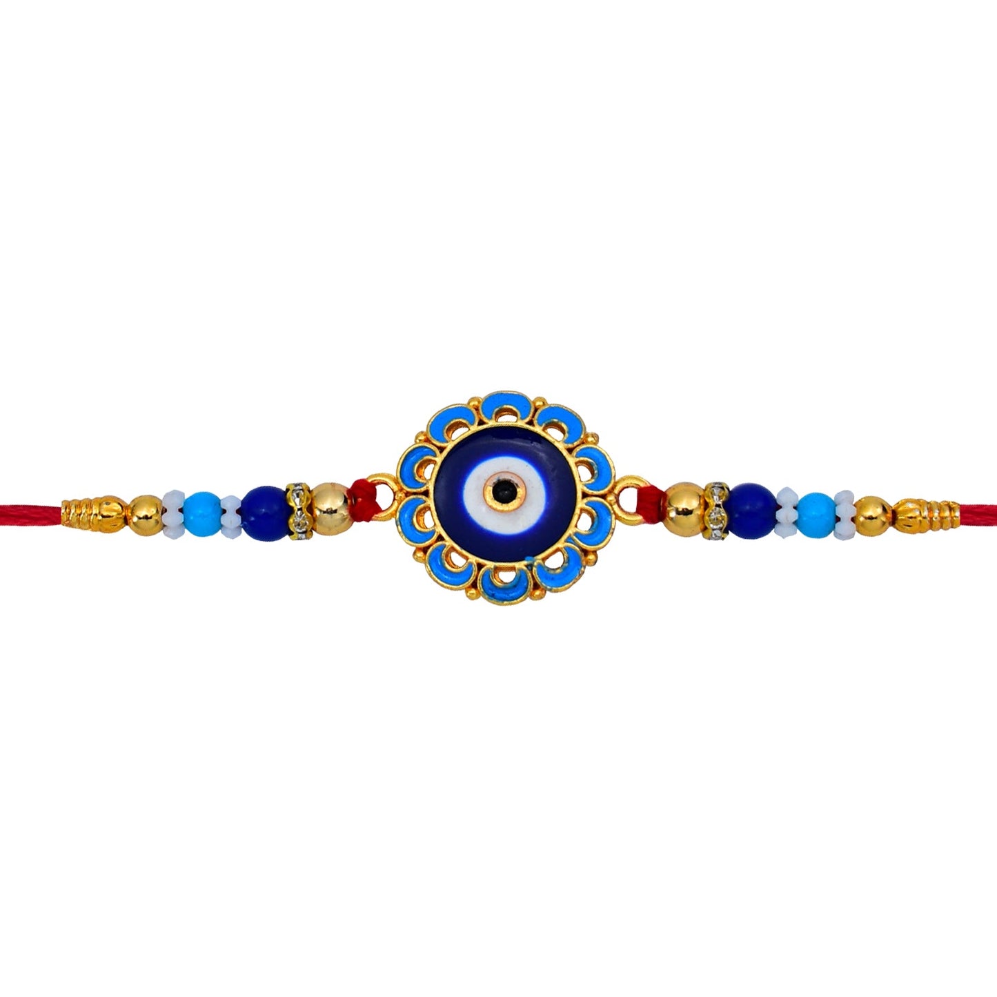 Collection of various Evil Eye Rakhis with blue beads and golden designs, symbolizing protection.