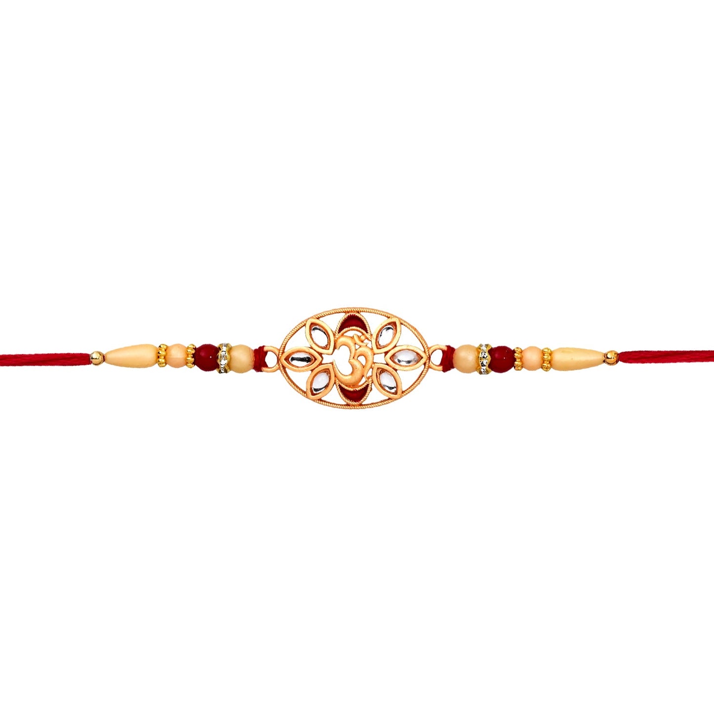 Beautiful Om Kundan Rakhi with pearl beads presented for gifting on Raksha Bandhan.