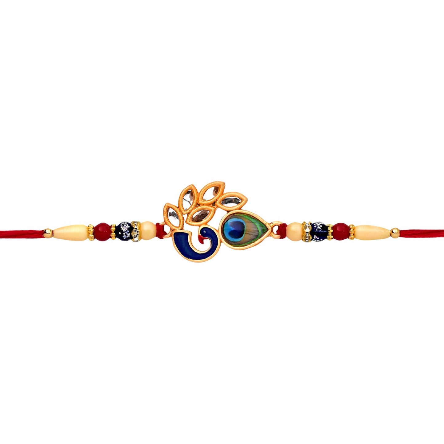 Detailed view of Mor Pankh Rakhi with vibrant enamel colors and traditional design