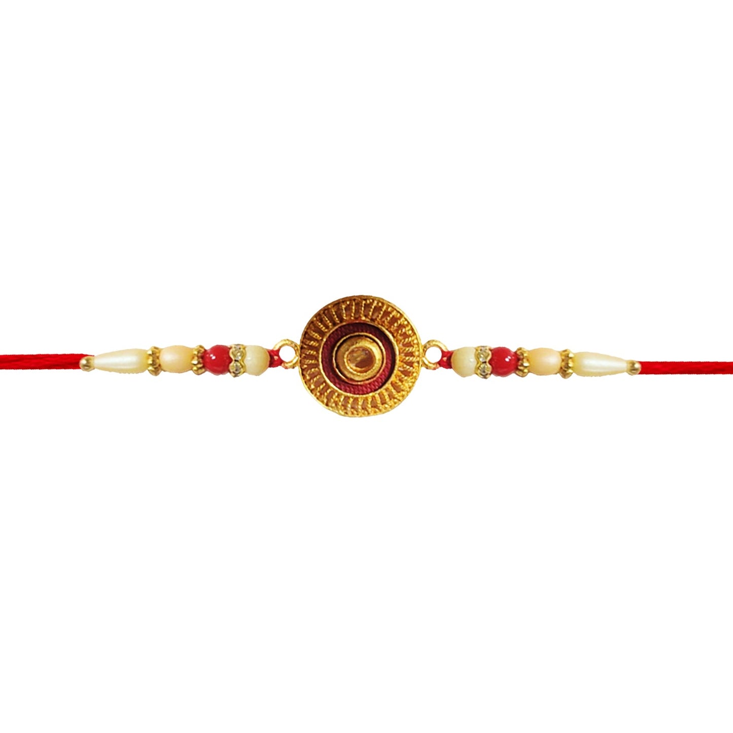 Set of traditional round rakhis featuring pearl beads for Raksha Bandhan gifting.