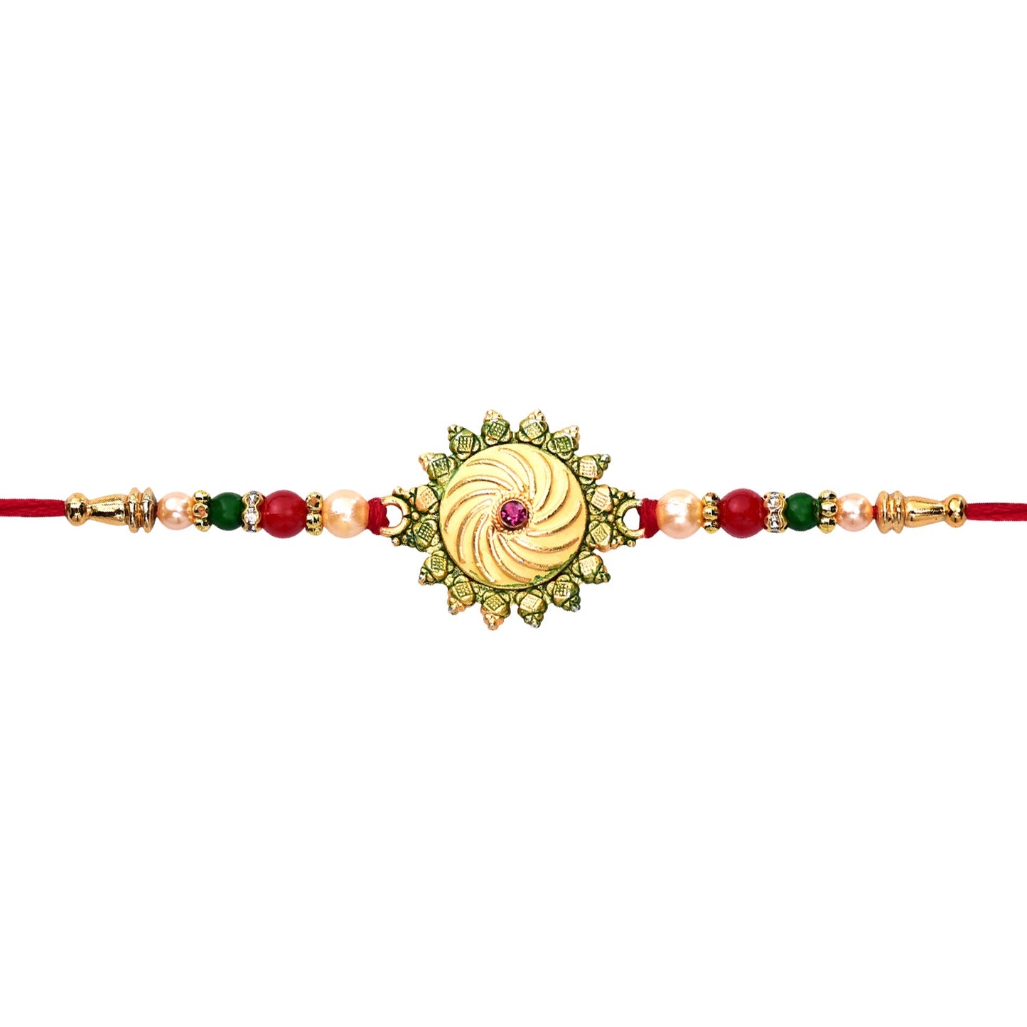 Complete view of round shape stone and bead work rakhi on sturdy red thread
