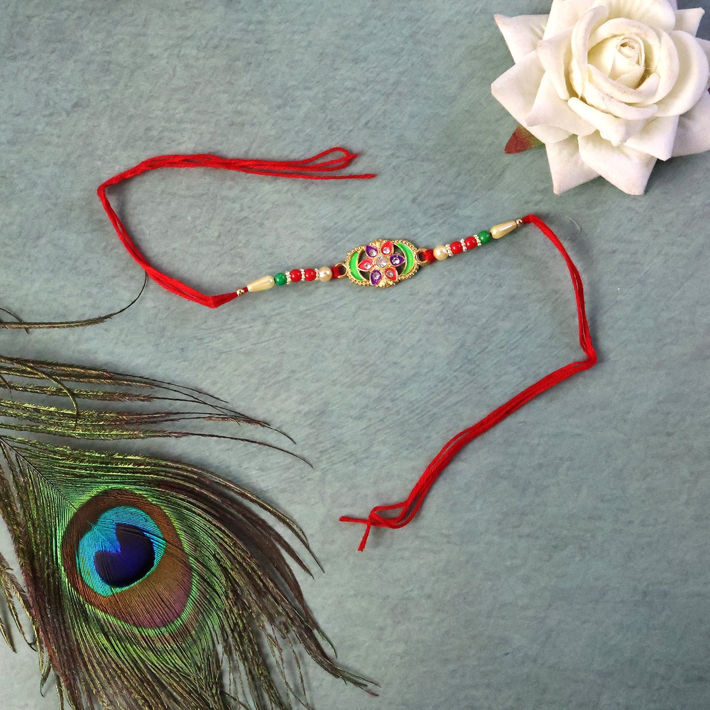 Detailed view of vibrant multicolor stone Rakhi