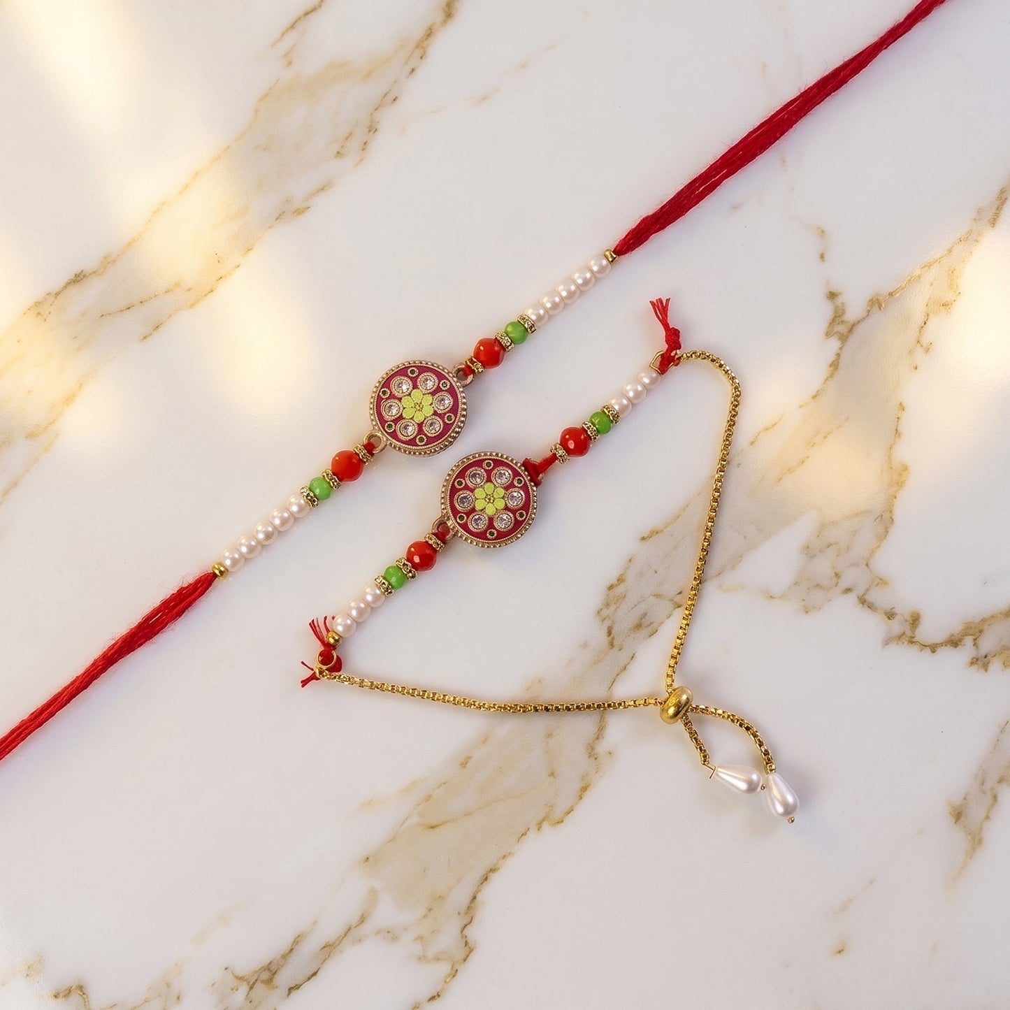 Side view of floral stone Rakhi design with beads