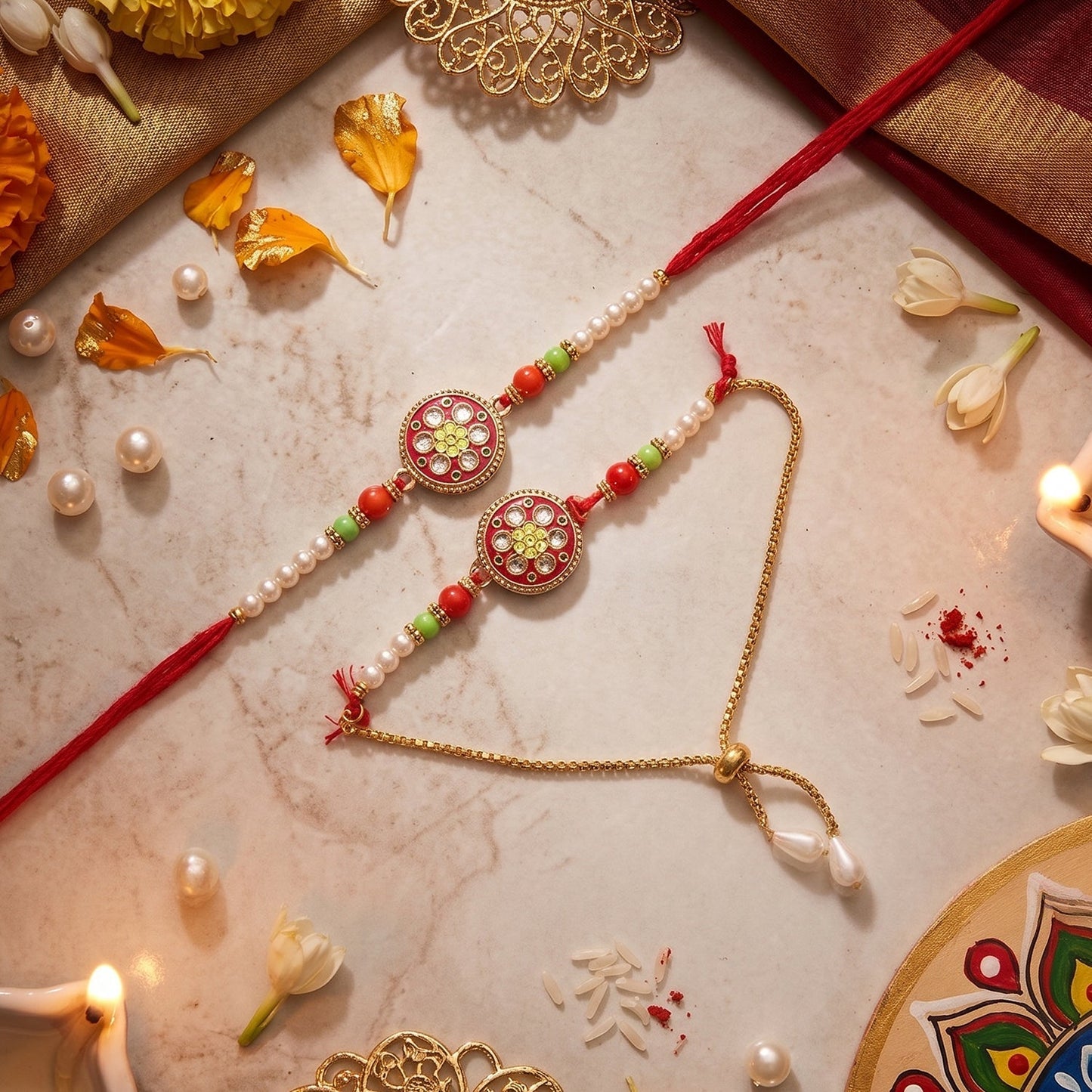 Close-up of floral stone work on stylish Rakhi with beads