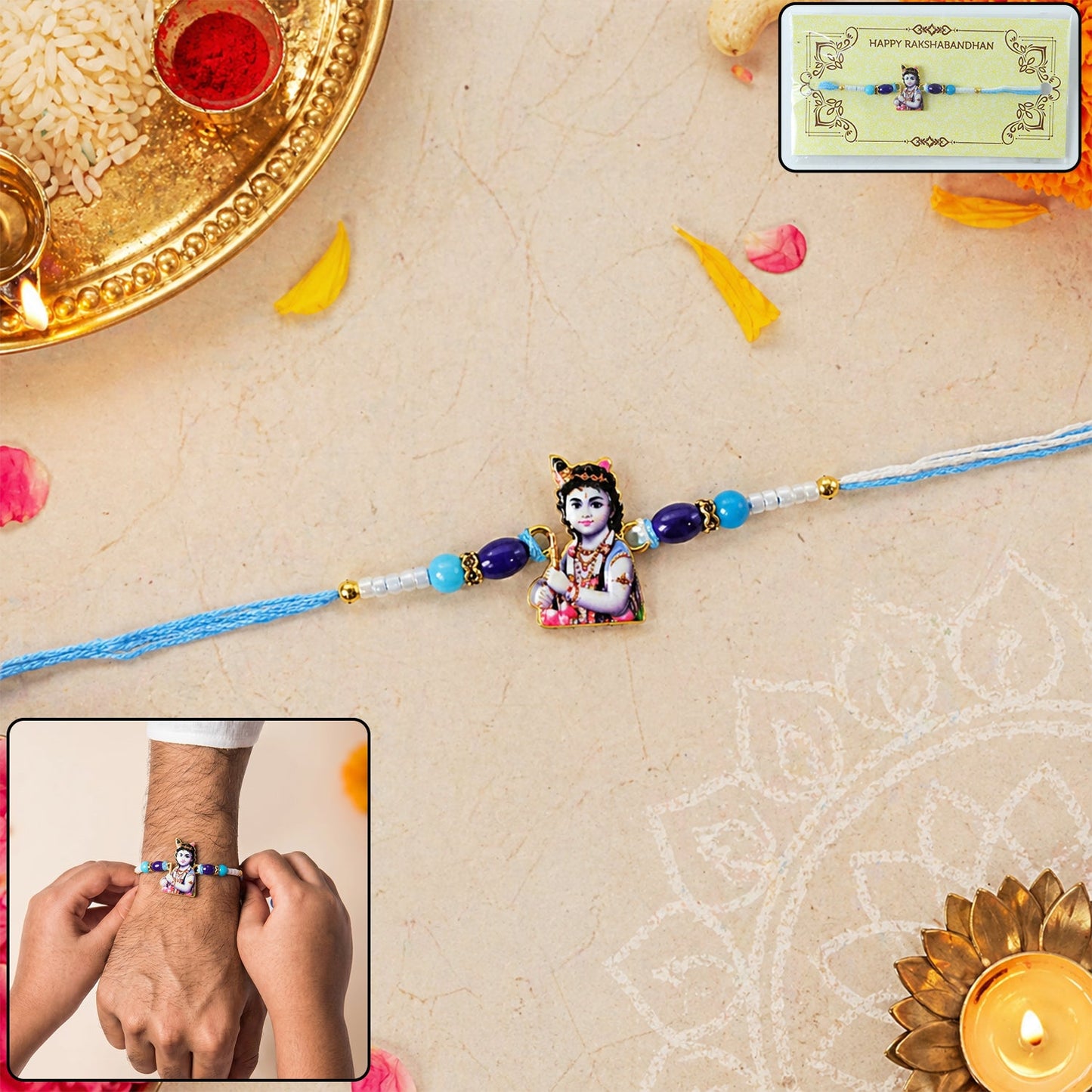 Close-up of Blue Beads Rakhi with decorative beads