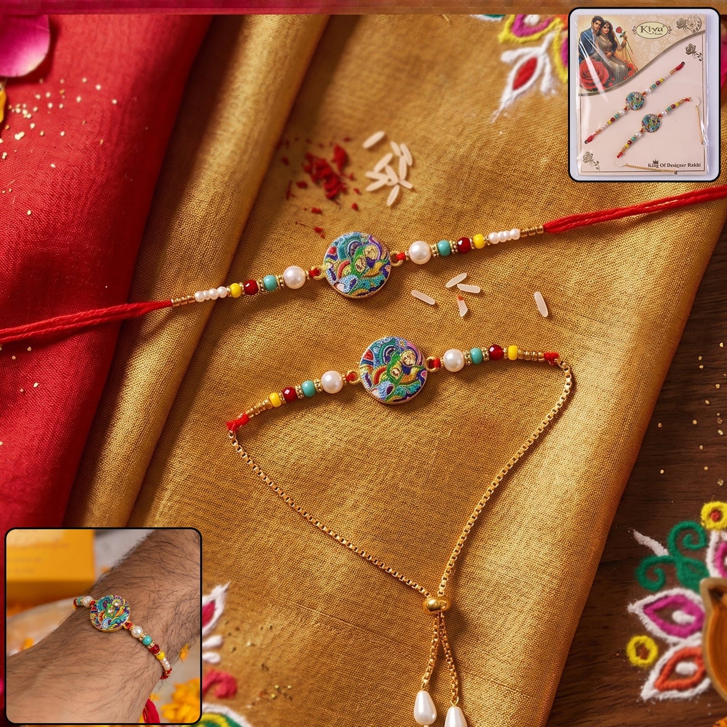 Multicolor paisley design Rakhi with pearl beads for Raksha Bandhan