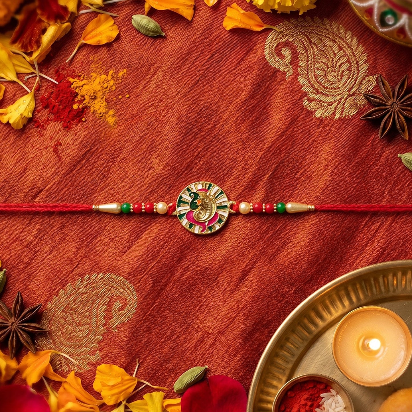 Artistic Ganesha motif as centerpiece of Rakhi