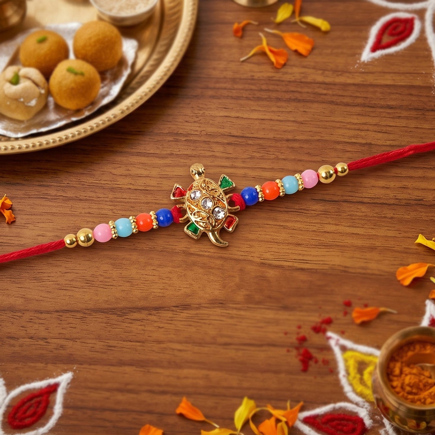 Close-up of turtle motif on vibrant Rakhi with beads and stones