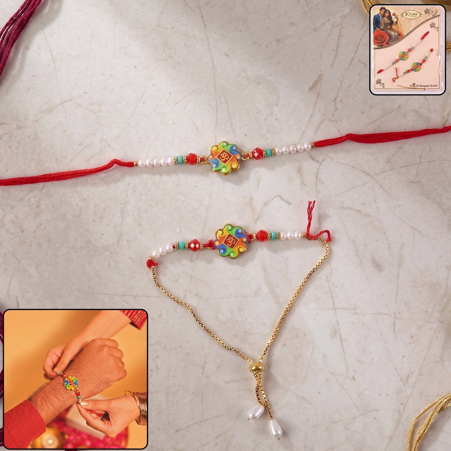 Close-up of the divine Om symbol and decorative pearl beads on the Rakhi