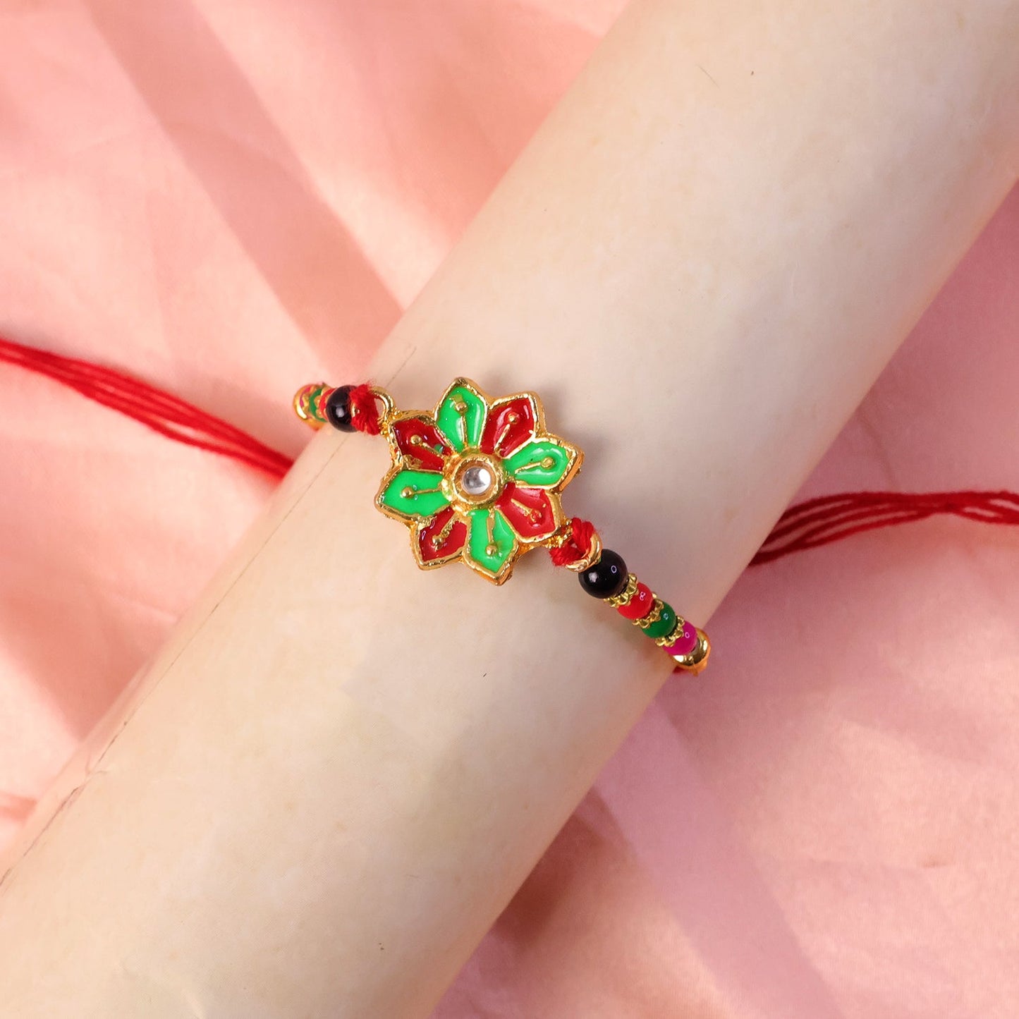 Top view of traditional floral Rakhi