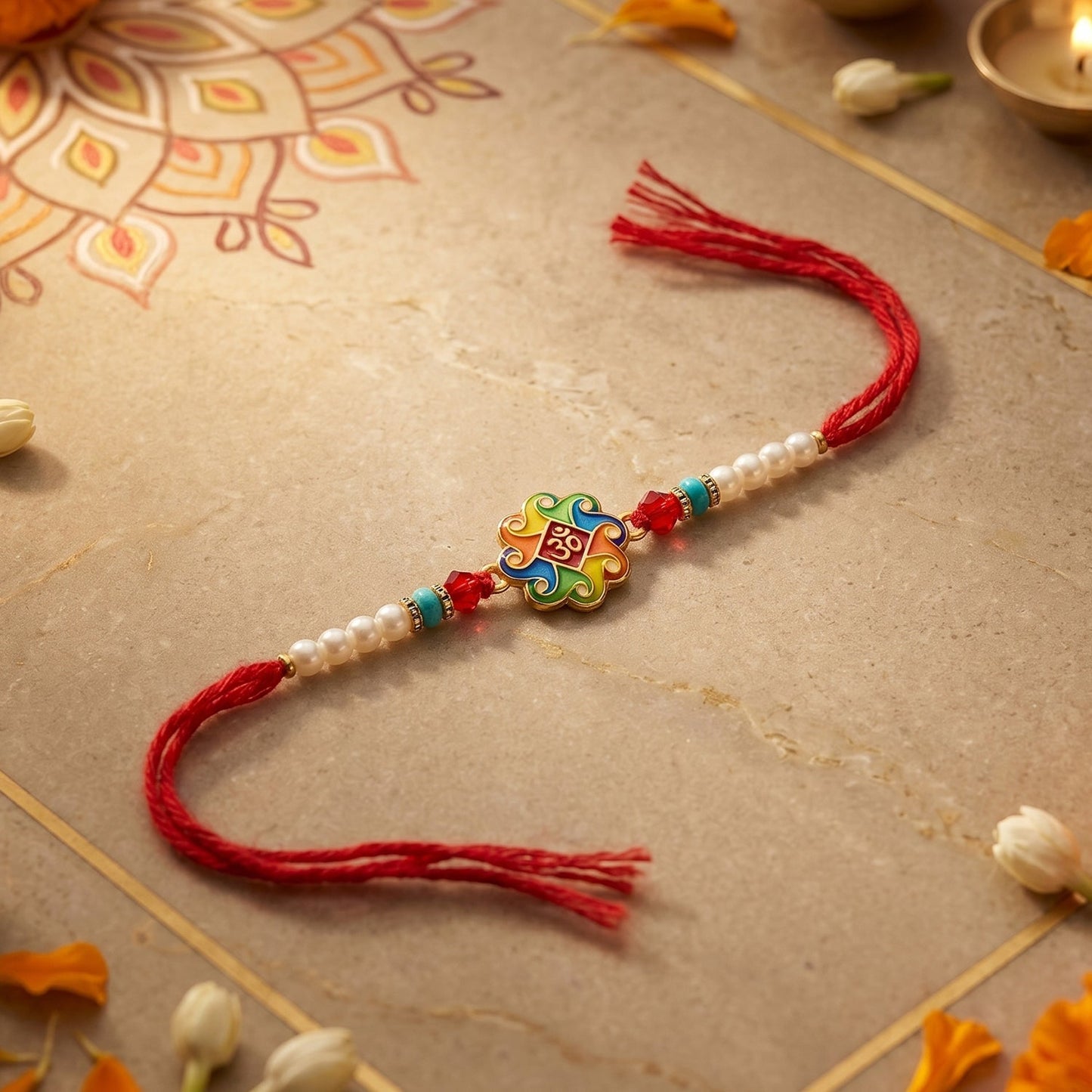 Om Symbol Rakhi laid flat, showcasing the full design, pearl beads, and comfortable thread