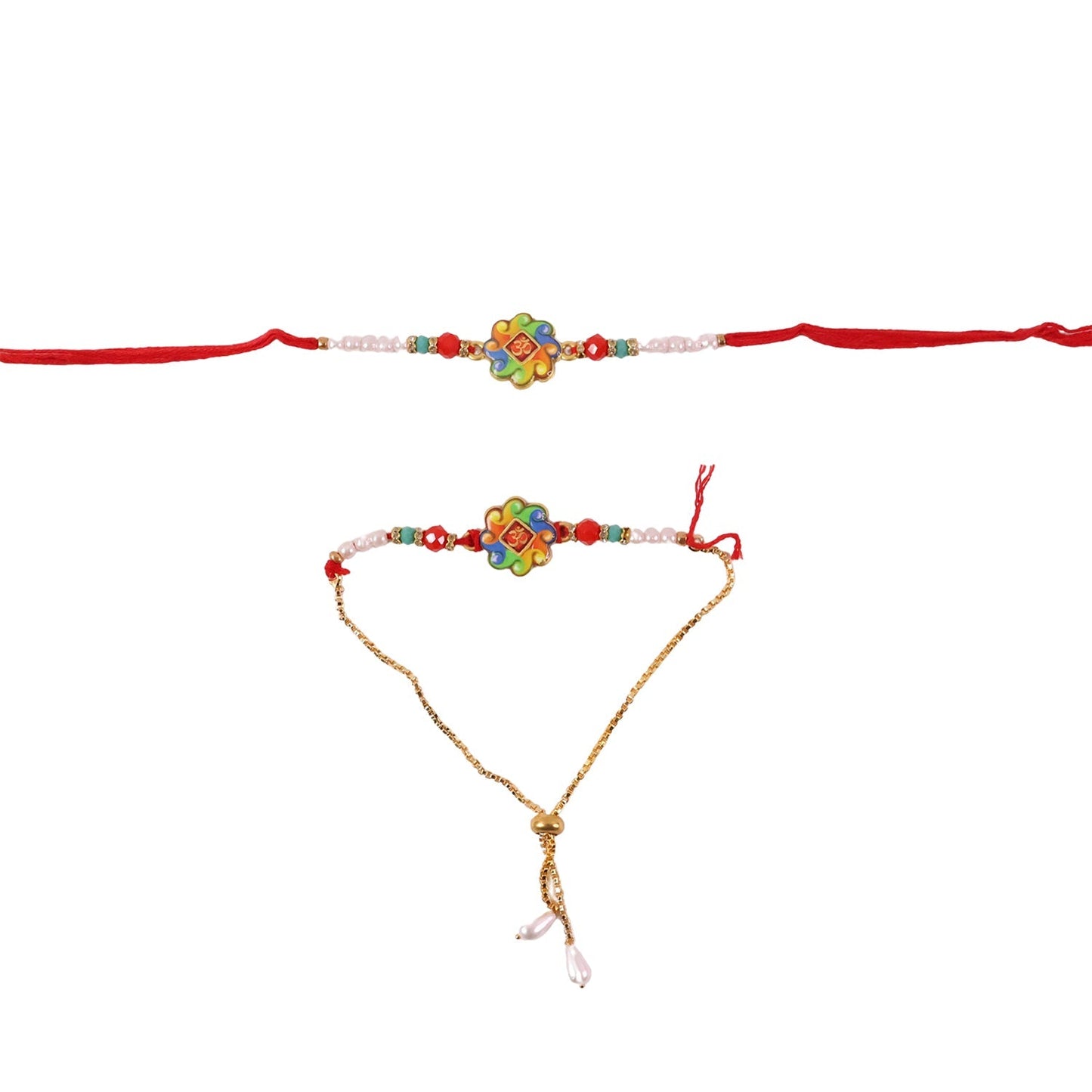 Detailed view of the lustrous pearl beads and soft thread of the Om Symbol Rakhi