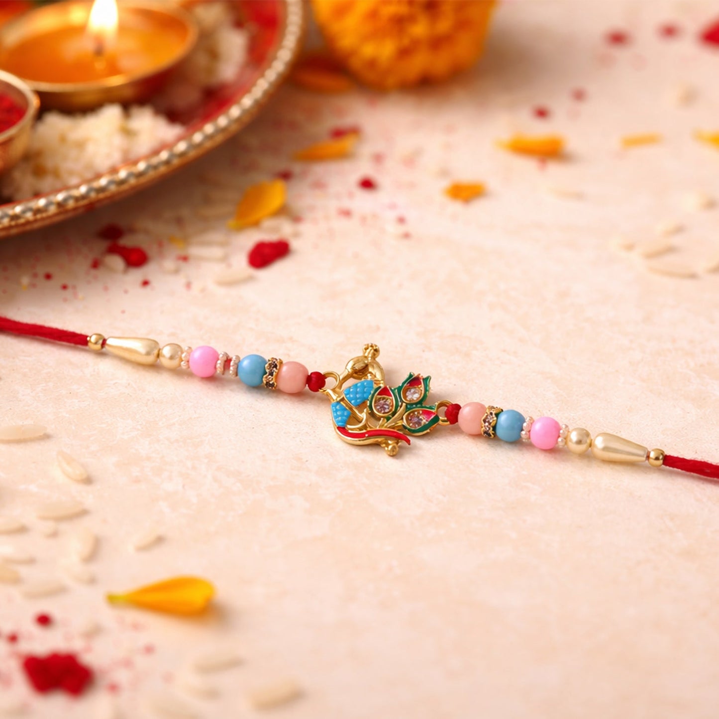 Close-up of elegant peacock design rakhi with vibrant colors