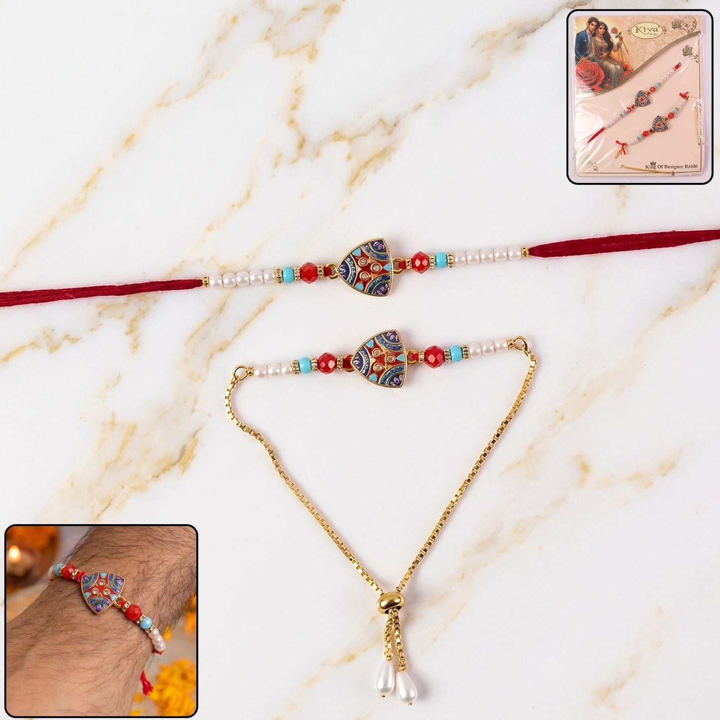 Designer triangle Rakhi with pearl beads, perfect for Raksha Bandhan