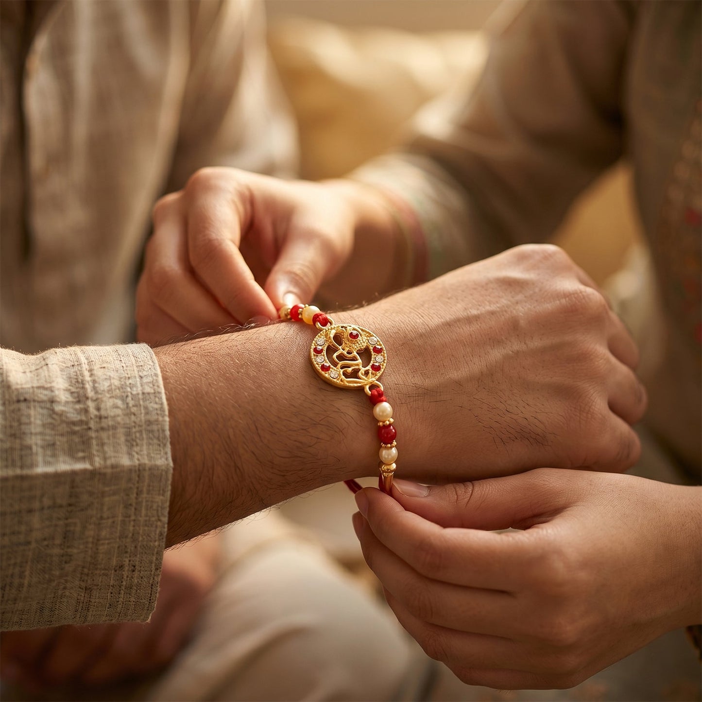Side view of Radhe Rakhi highlighting thread and embellishments