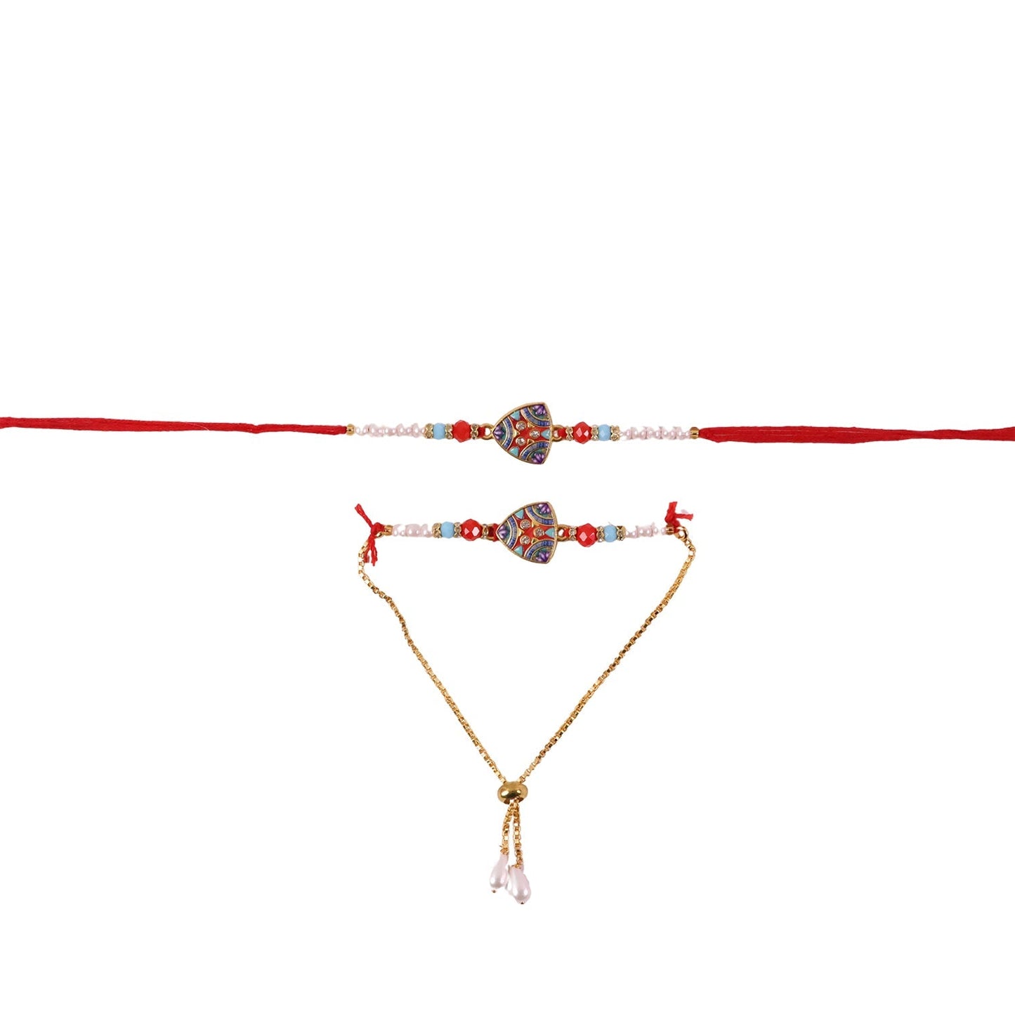 Side view of stylish triangle pearl bead Rakhi