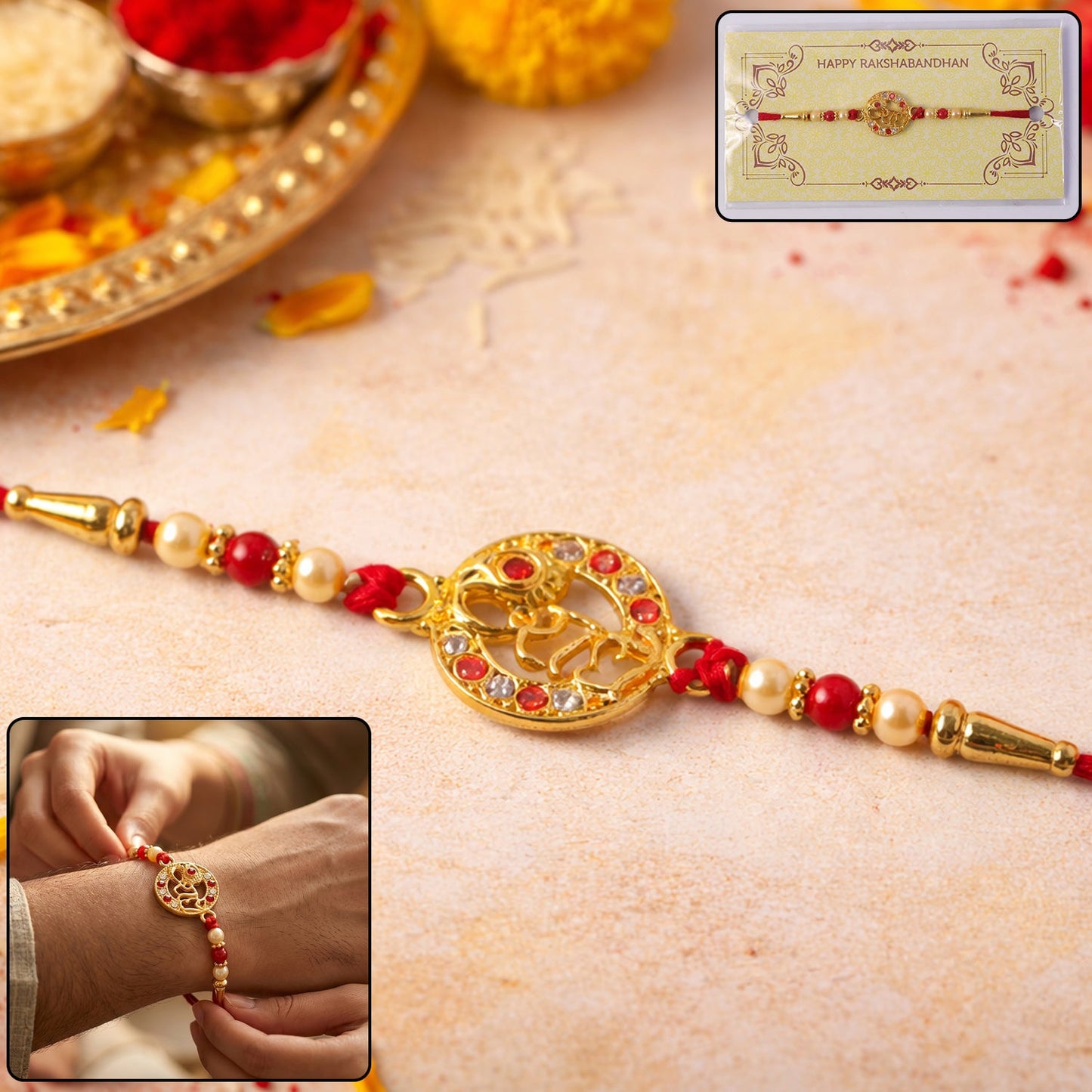 Intricate Radhe name Rakhi with colorful decorative beads