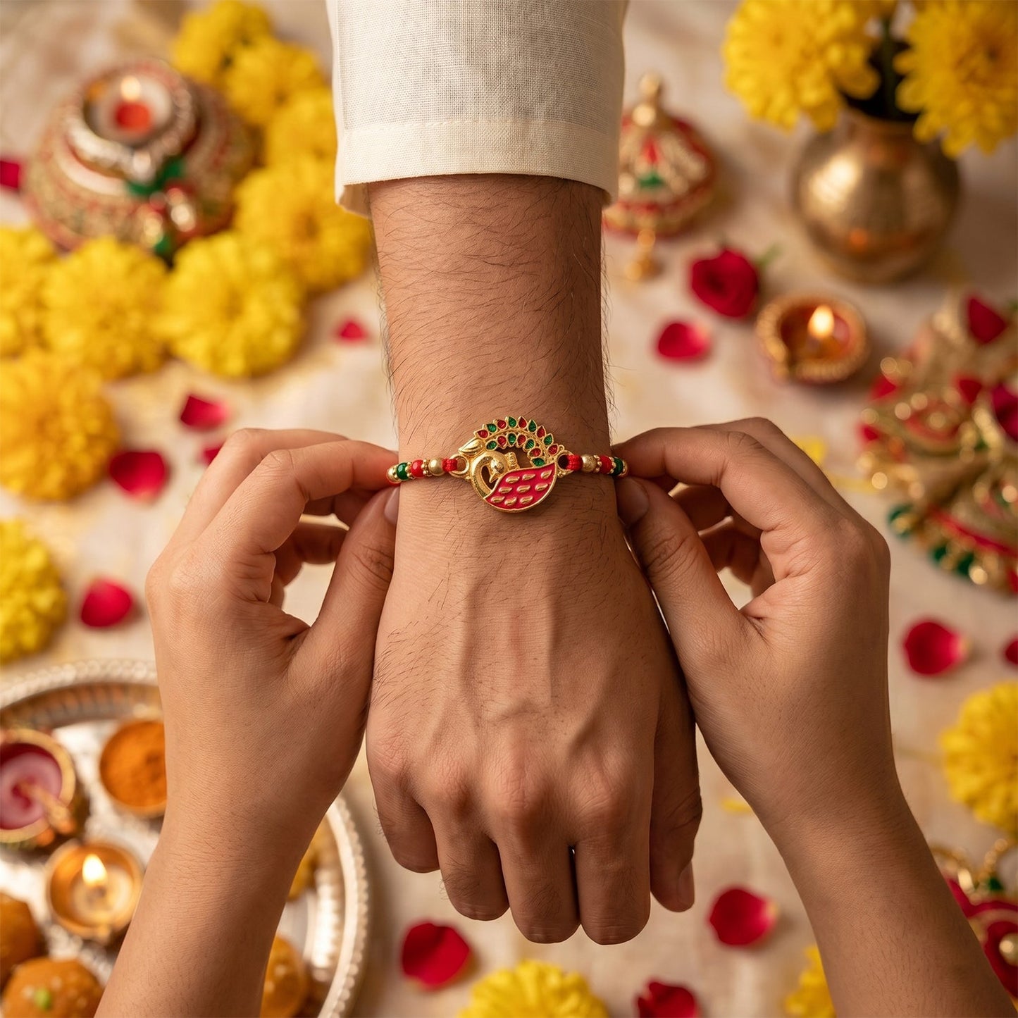 Decorative bead accents on Rakhi thread