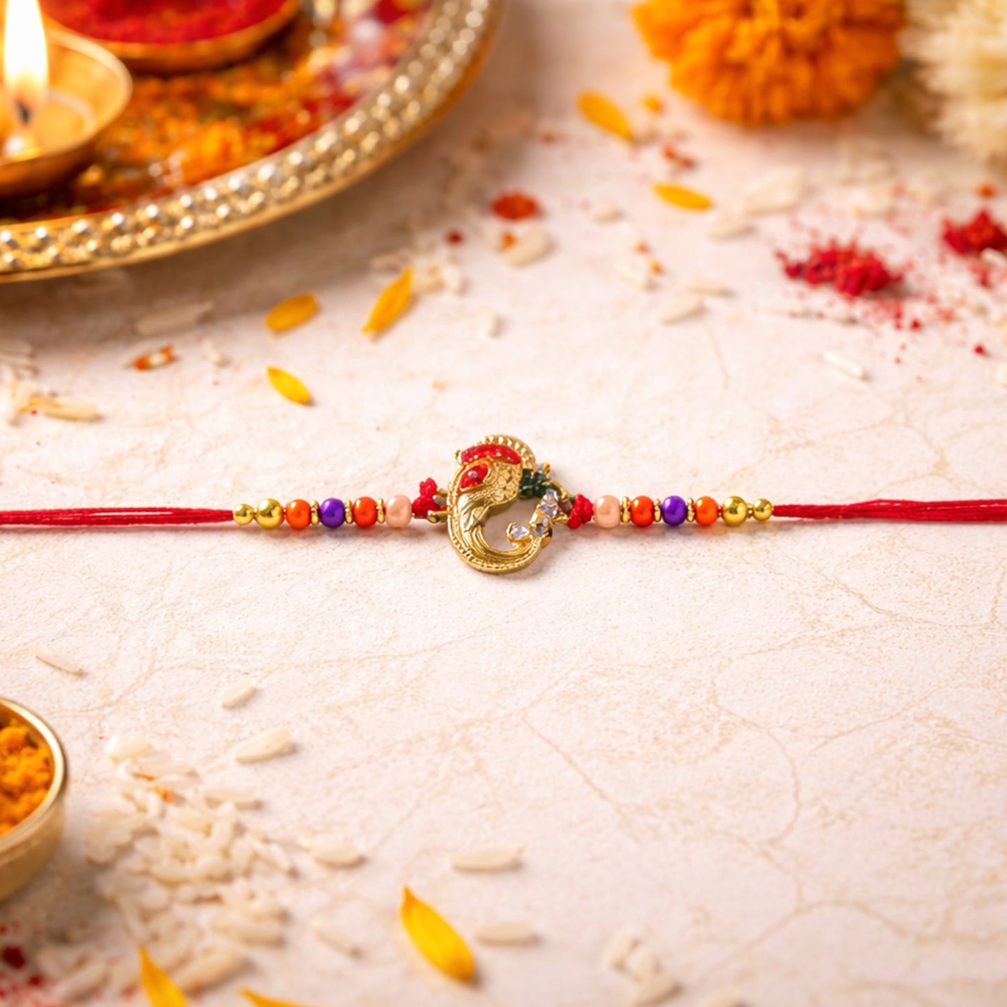 Close-up of decorative centerpiece on festive rakhi