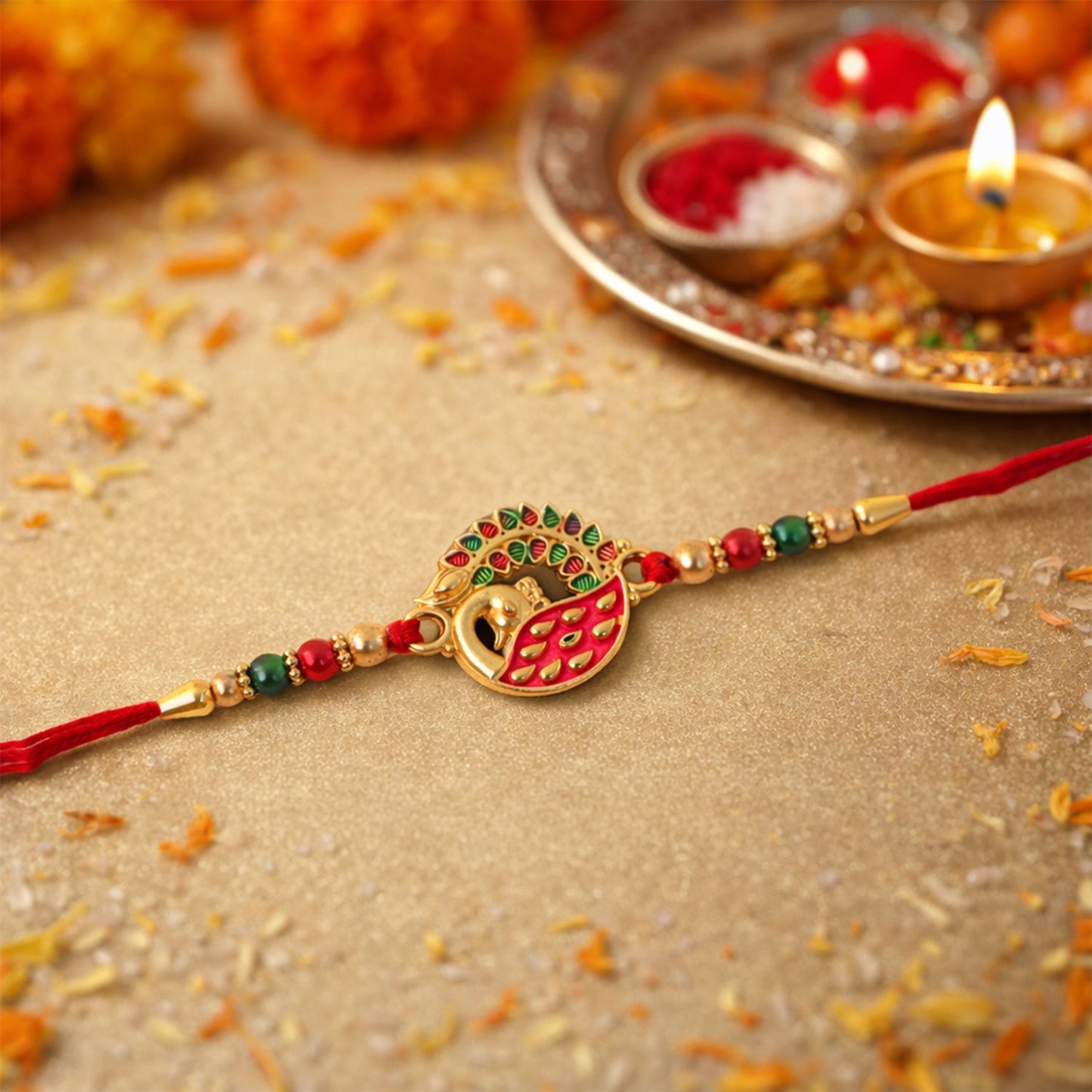 Rakhi showcasing intricate peacock motif with stones