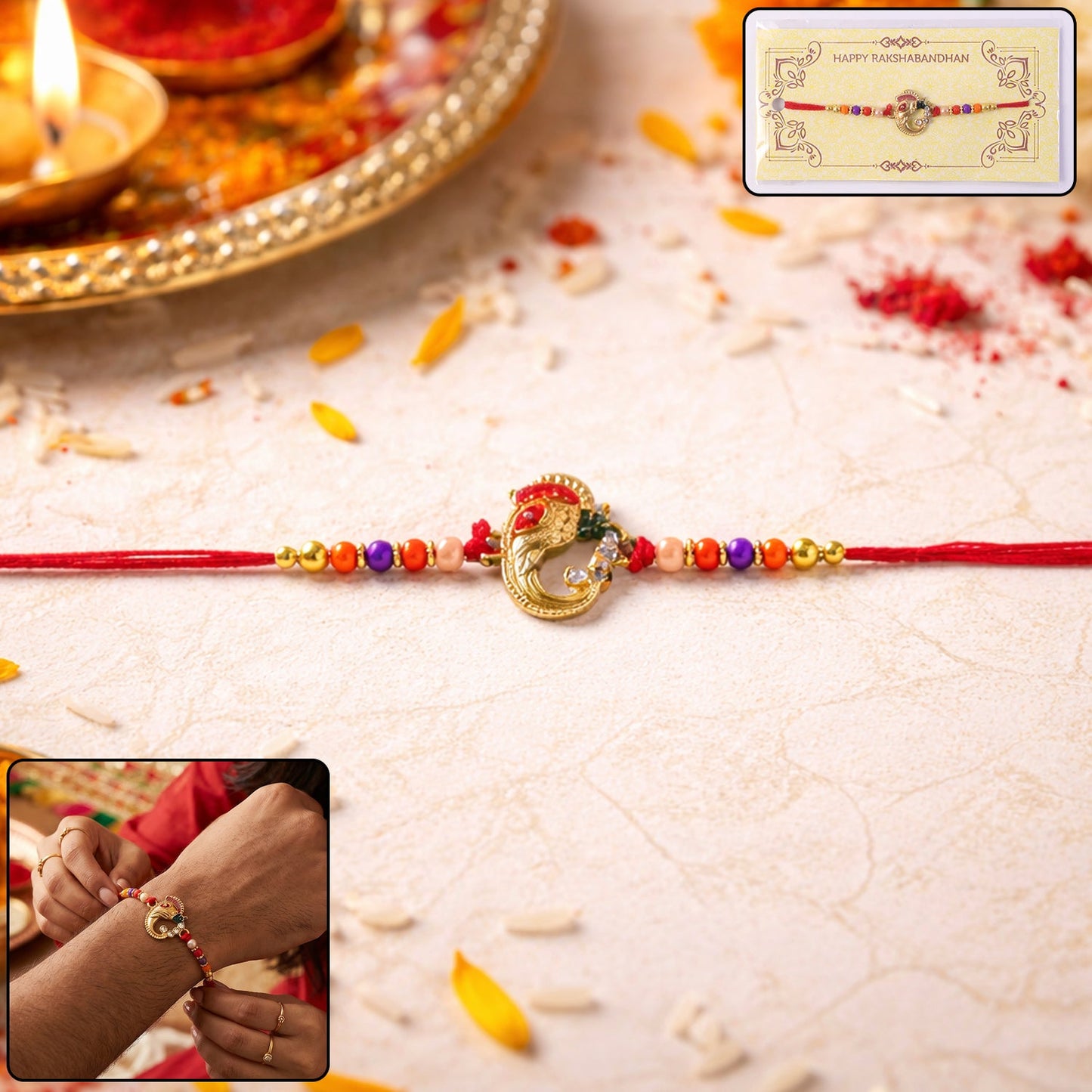 Designer rakhi featuring traditional thread and intricate beads