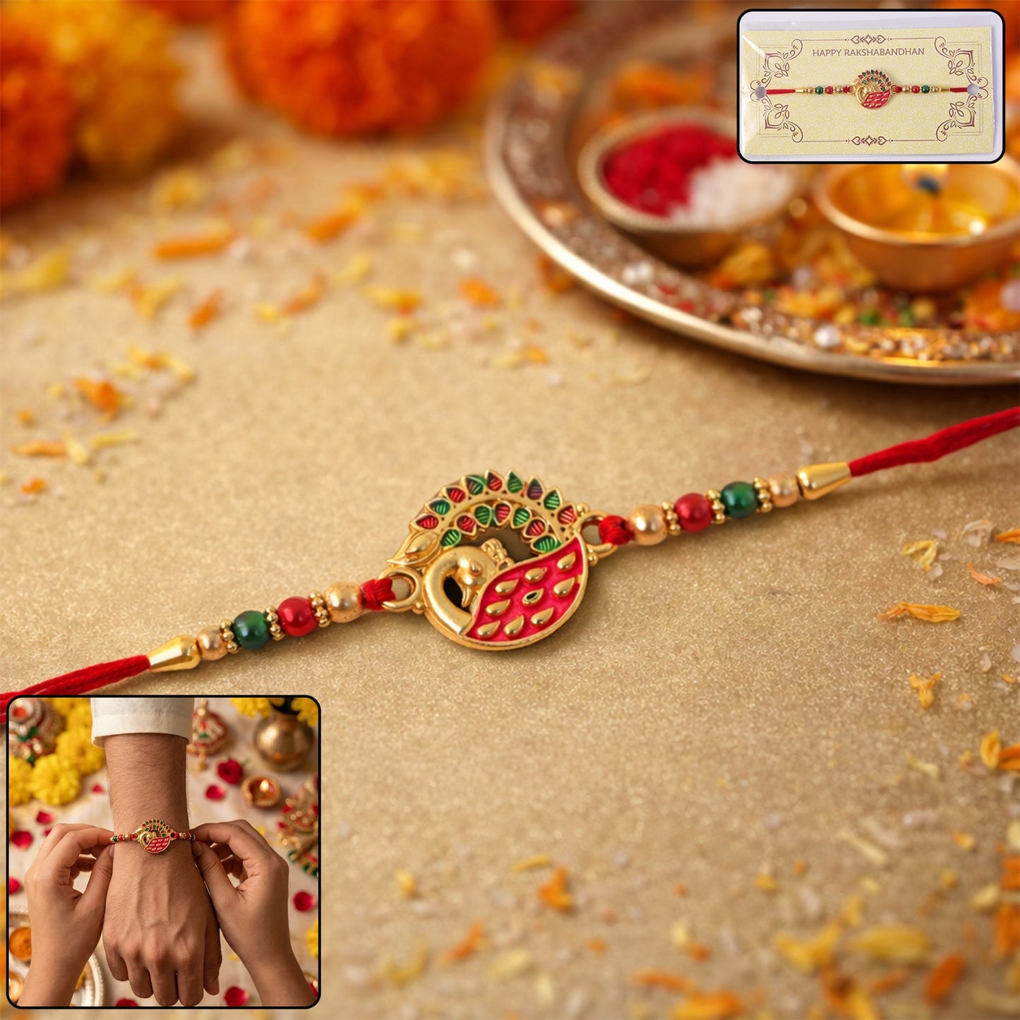 Close-up of detailed peacock design Rakhi with stones