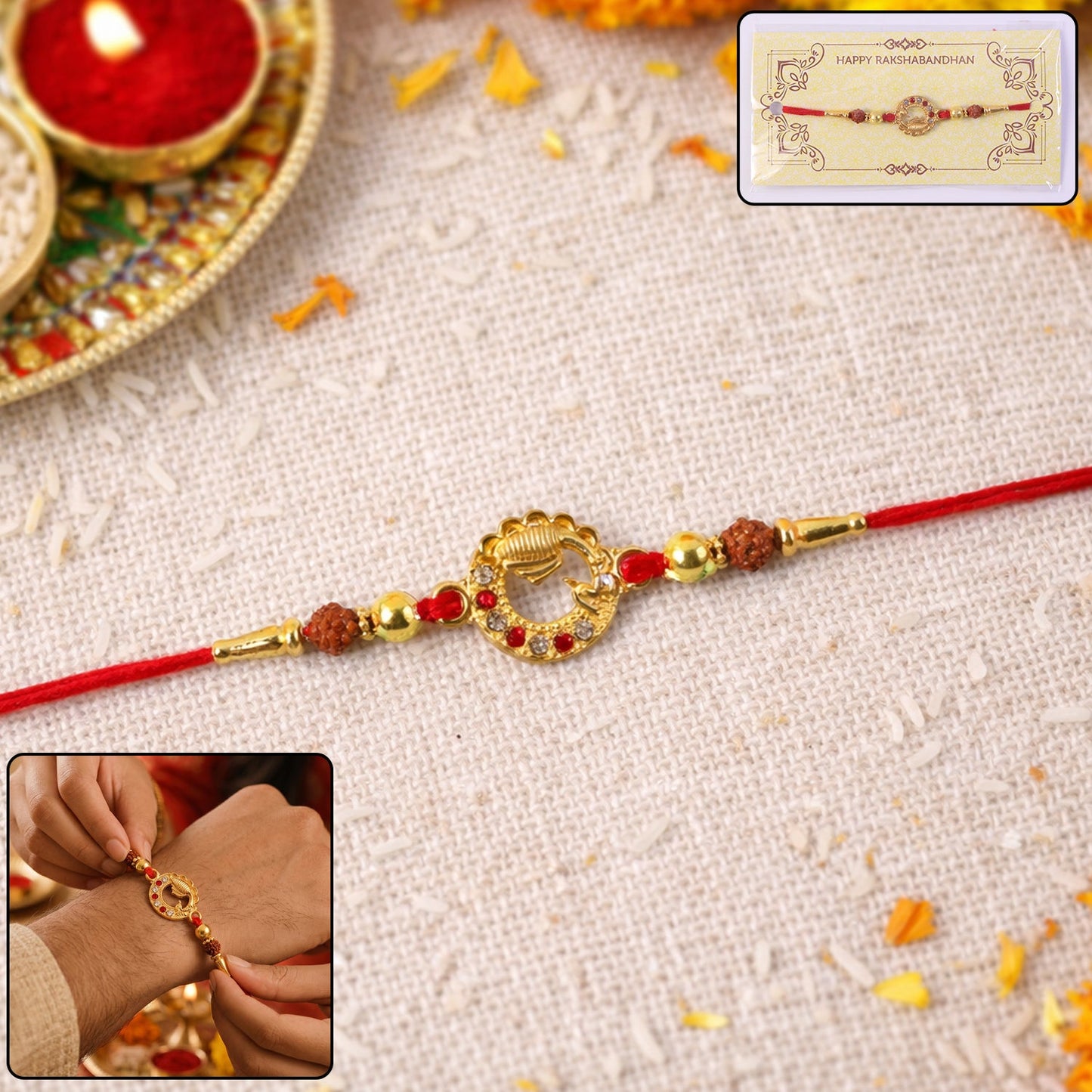 Closeup of intricate beadwork on traditional Rakhi