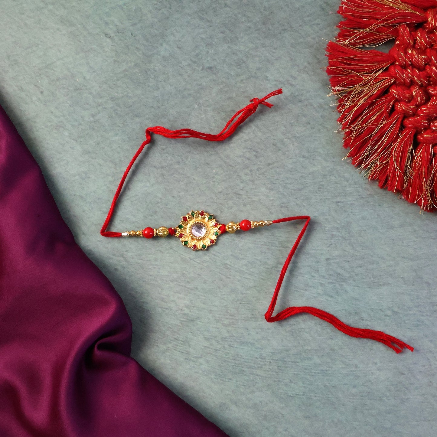 Rakhi displayed with festive decor, ready for celebration