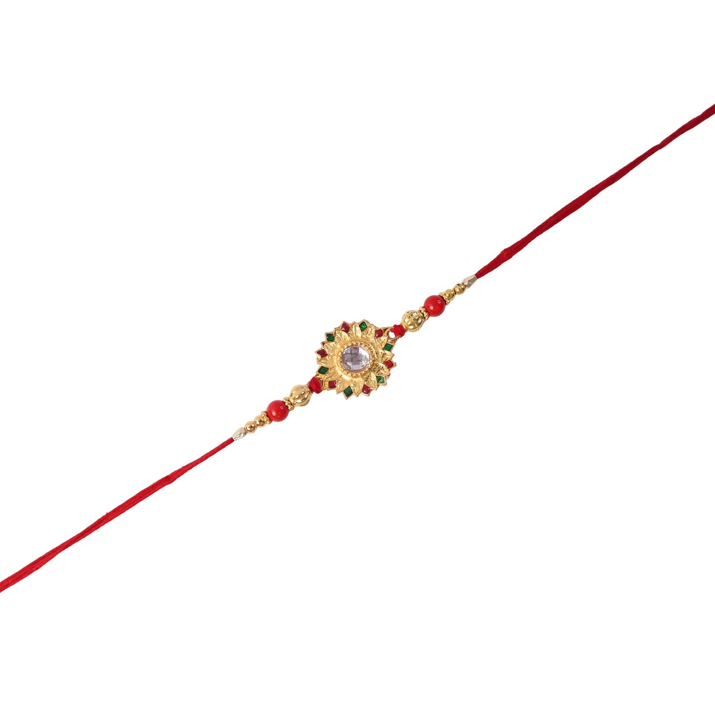 Side angle of Rakhi highlighting thread and overall design