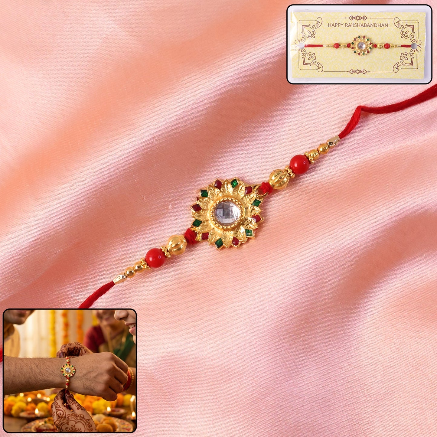 Close-up of handcrafted Rakhi with pearl and bead accents, suitable for brother or sister