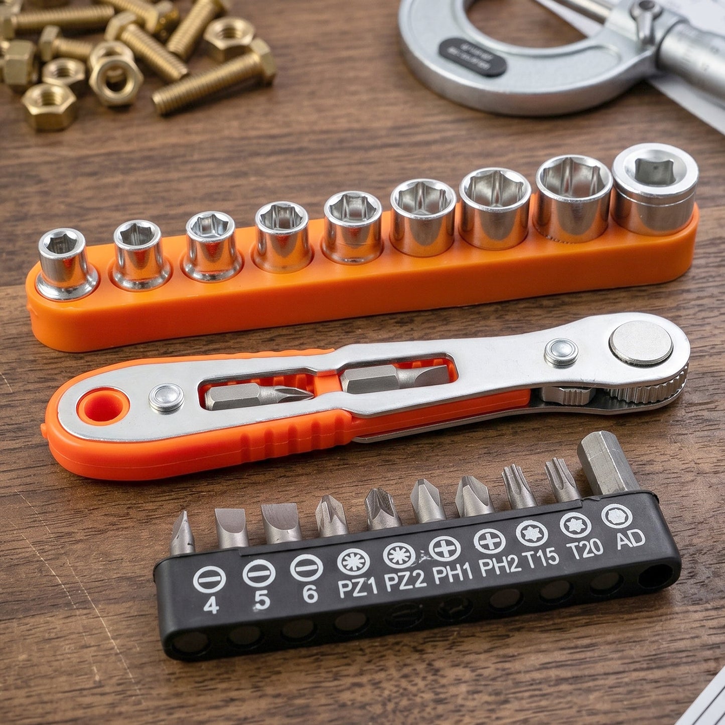 All-in-one mini ratchet tool set on a workbench