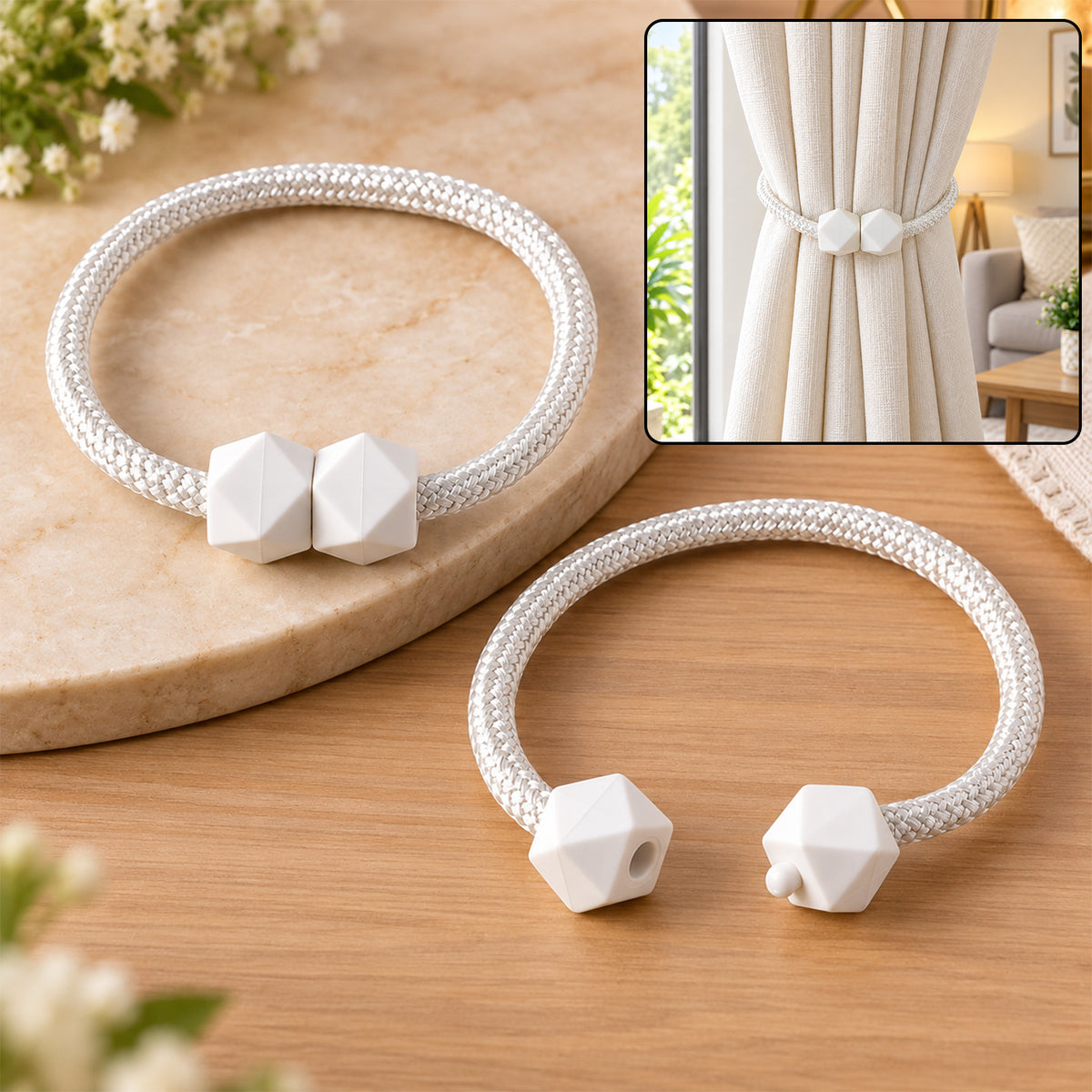 Non-Magnetic Curtain Tiebacks: Decorative Pearl Design (2 Pc, (Without Magnet Buckle)