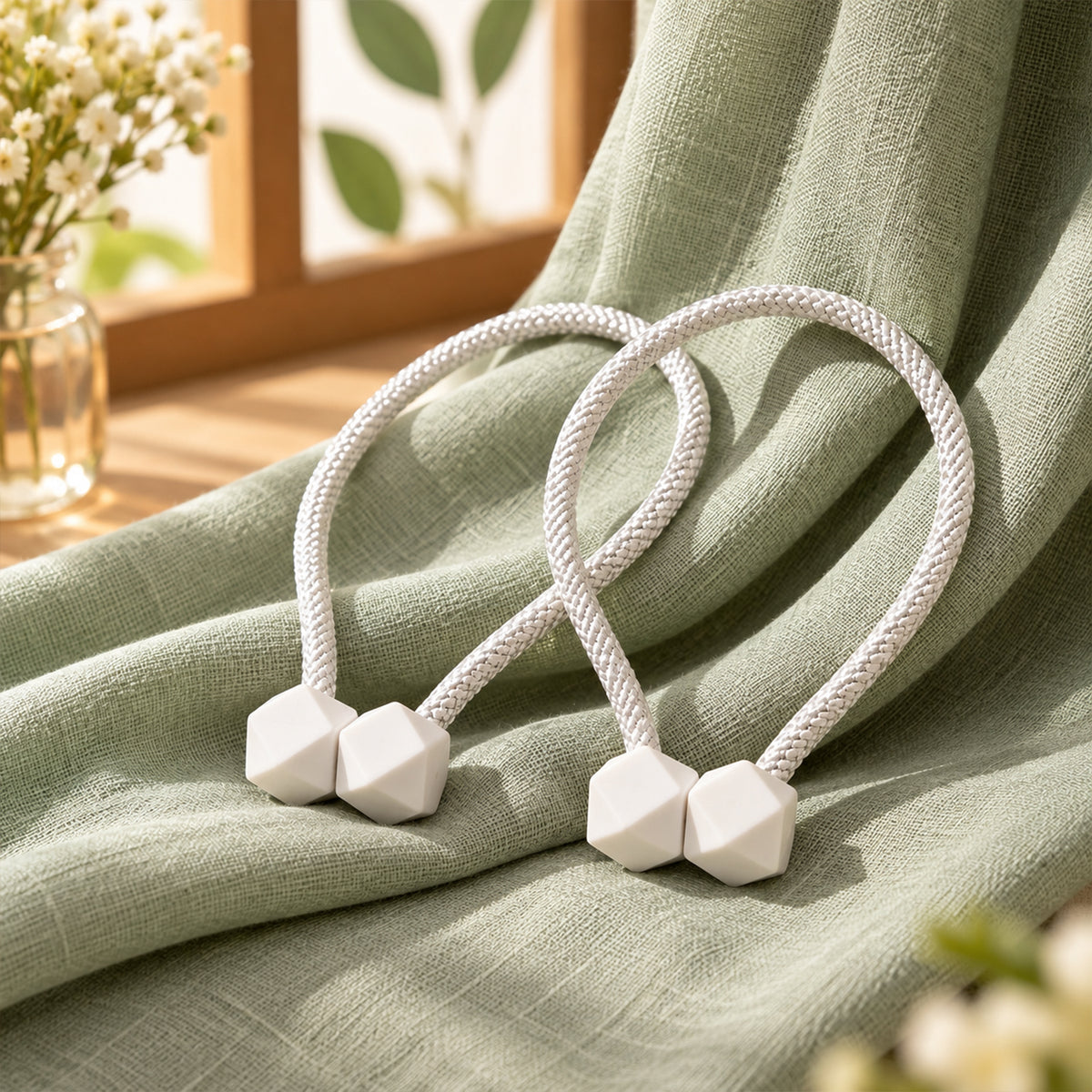Non-Magnetic Curtain Tiebacks: Decorative Pearl Design (2 Pc, (Without Magnet Buckle)