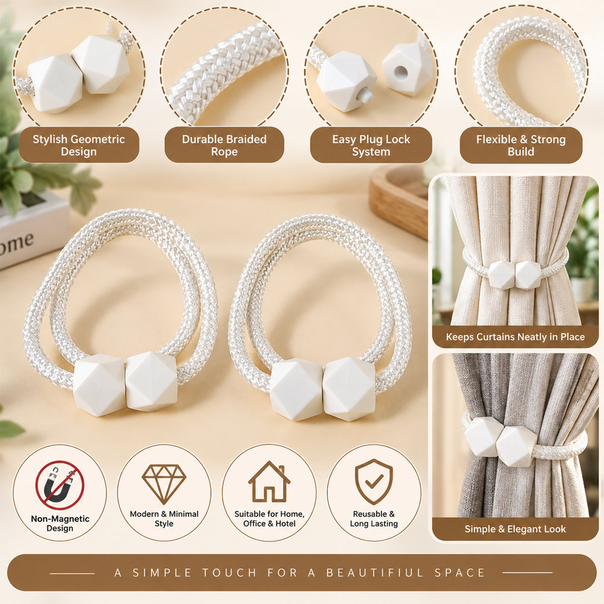 Non-Magnetic Curtain Tiebacks: Decorative Pearl Design (2 Pc, (Without Magnet Buckle)