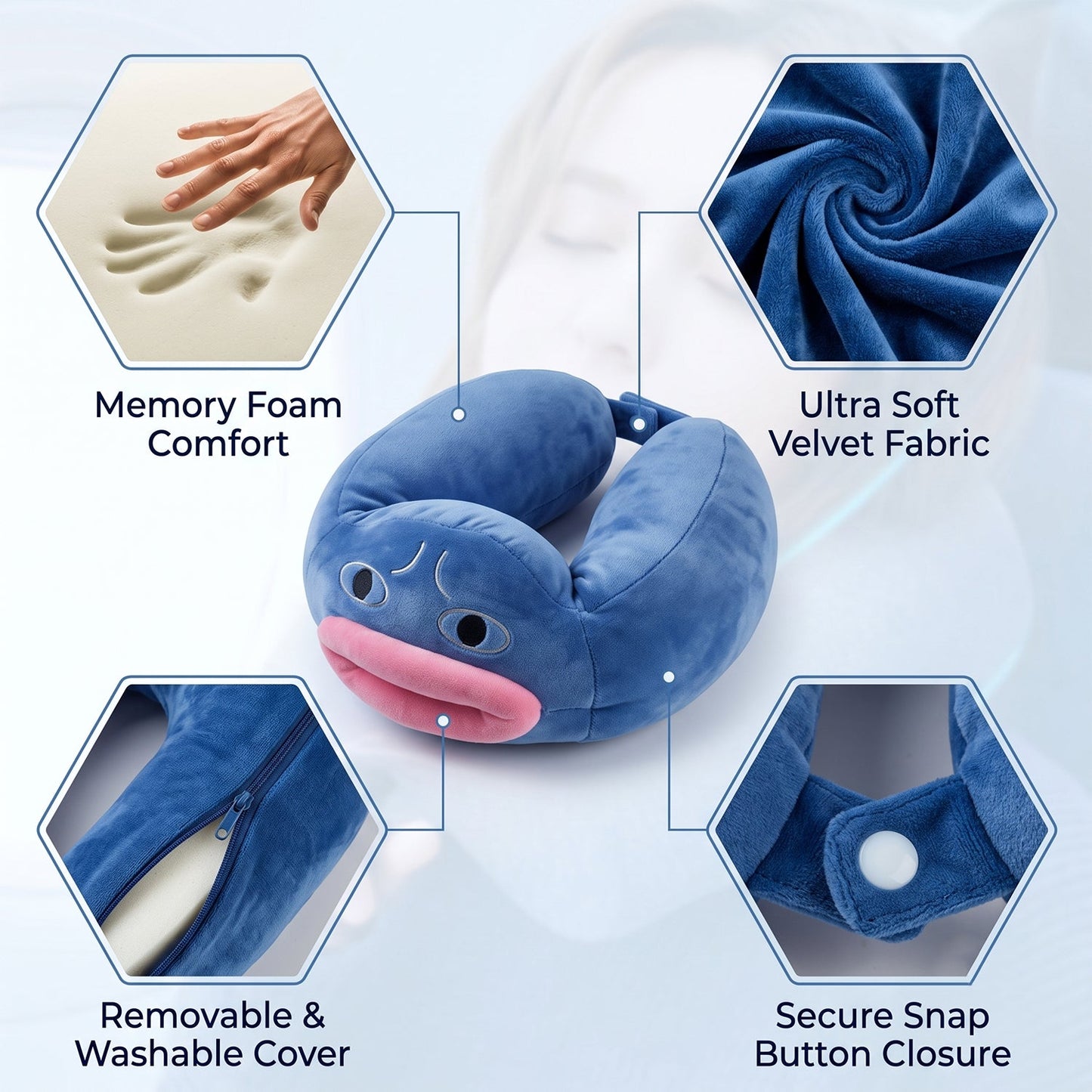 U Shaped Neck Pillow Blue Cute Character Travel Pillow Soft Support (1 Pc)