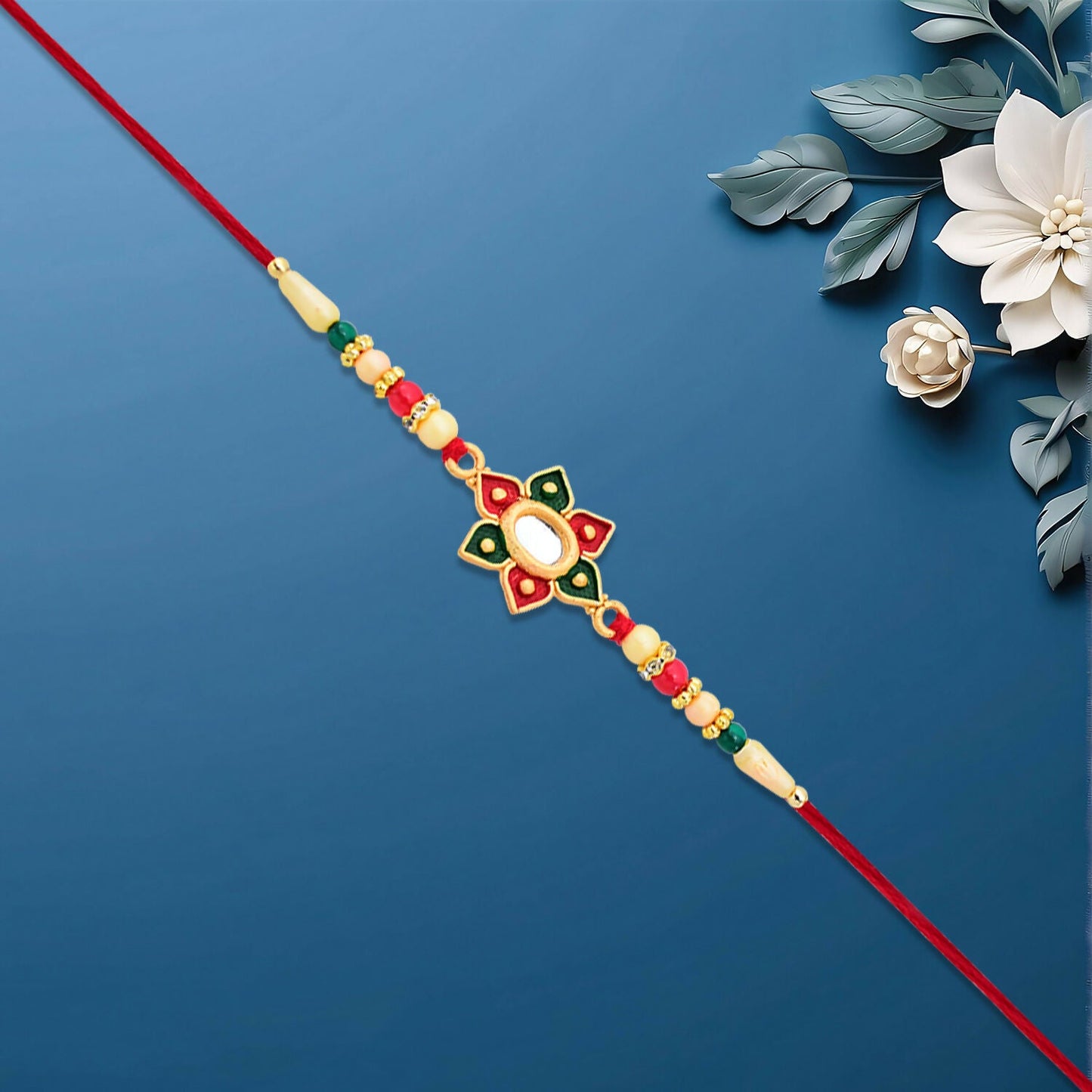 Close-up of elegant floral Rakhi featuring colorful stones and intricate beadwork