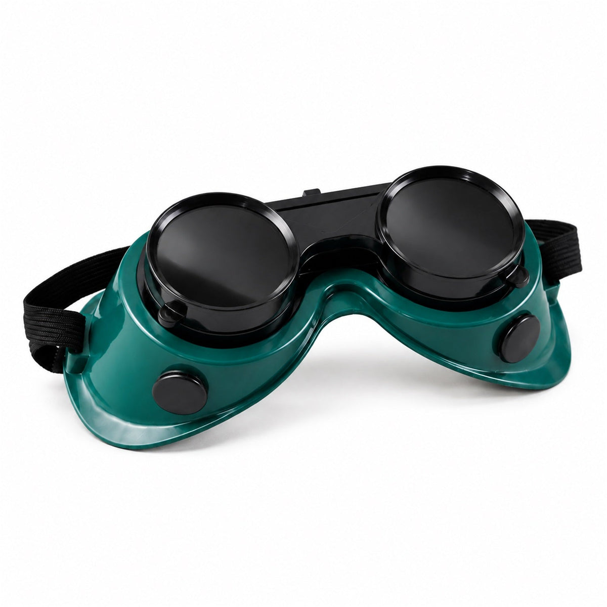 A pair of green flip-up welding goggles with dark lenses and a black elastic strap on a white surface.