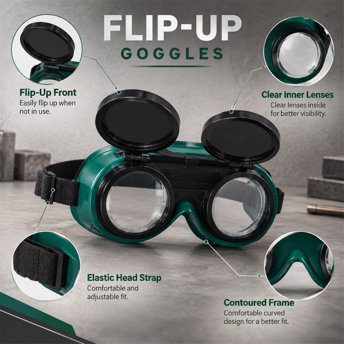 Green flip-up goggles with clear inner lenses, an elastic head strap, and a contoured frame, shown with feature callouts.