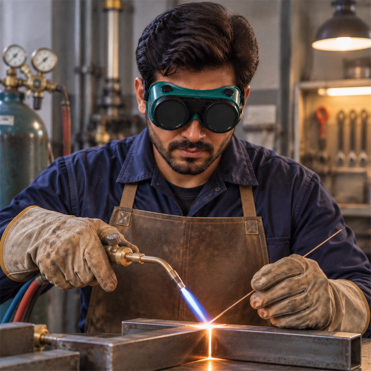 A man in green welding goggles and a brown apron, using a torch to braze metal with a blue flame.