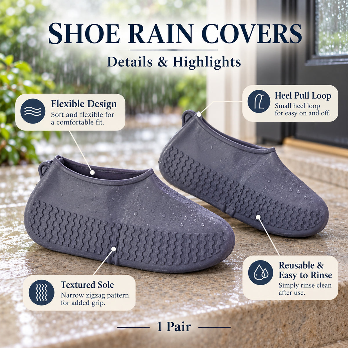 Reusable Silicone Rain Shoe Covers with Textured Sole (1 Pair, Small Size)