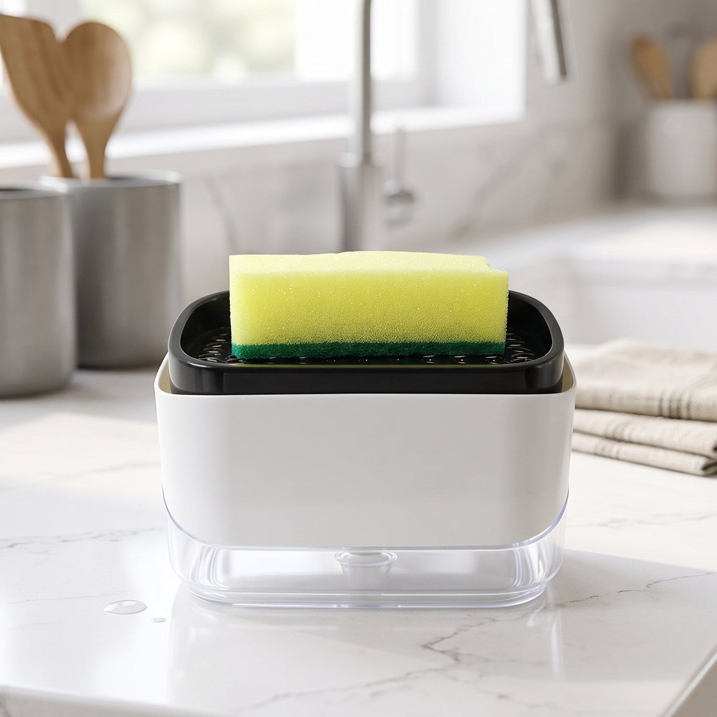 Soap dispenser and sponge holder beside a kitchen sink