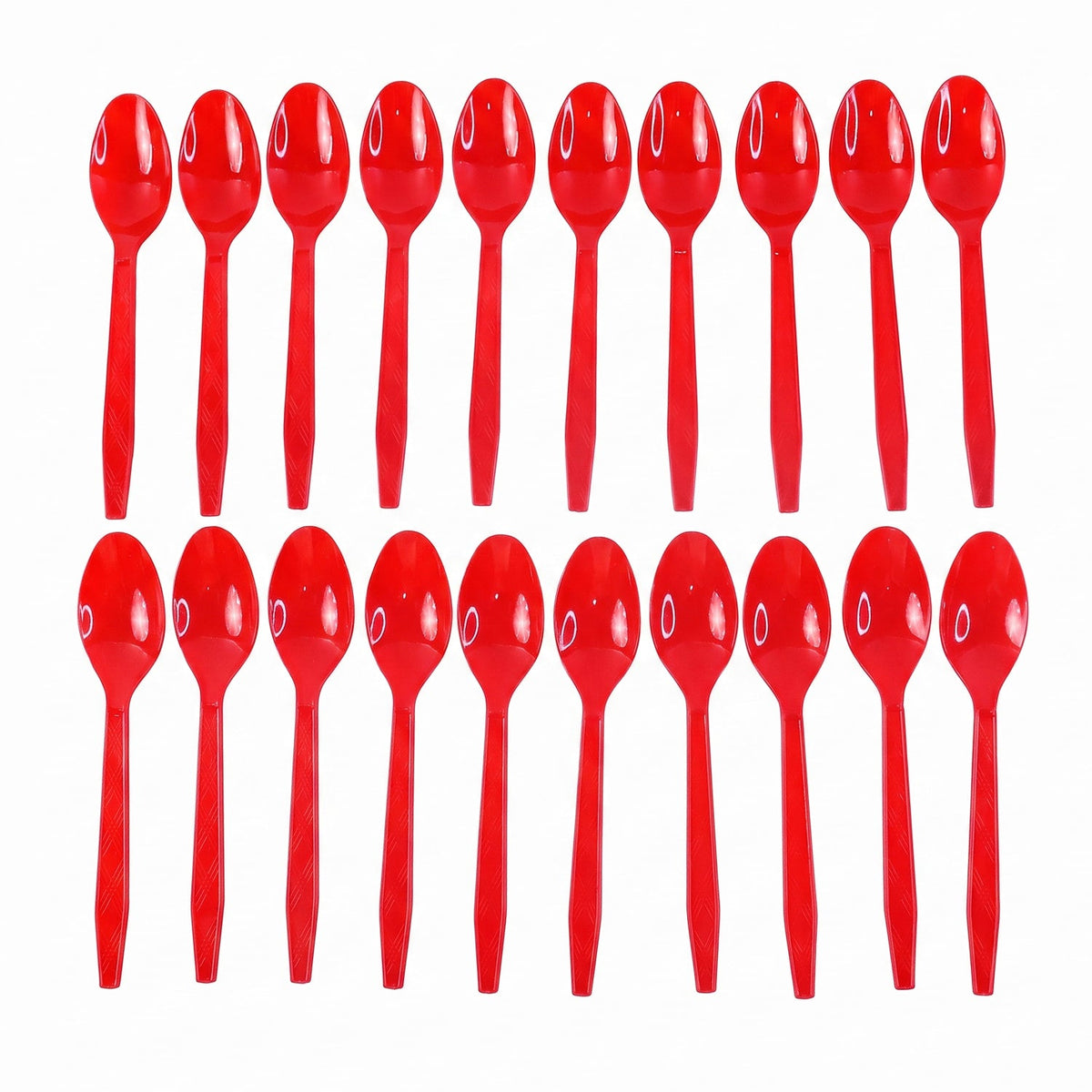 Twenty red plastic spoons neatly arranged in two rows on a plain white background.