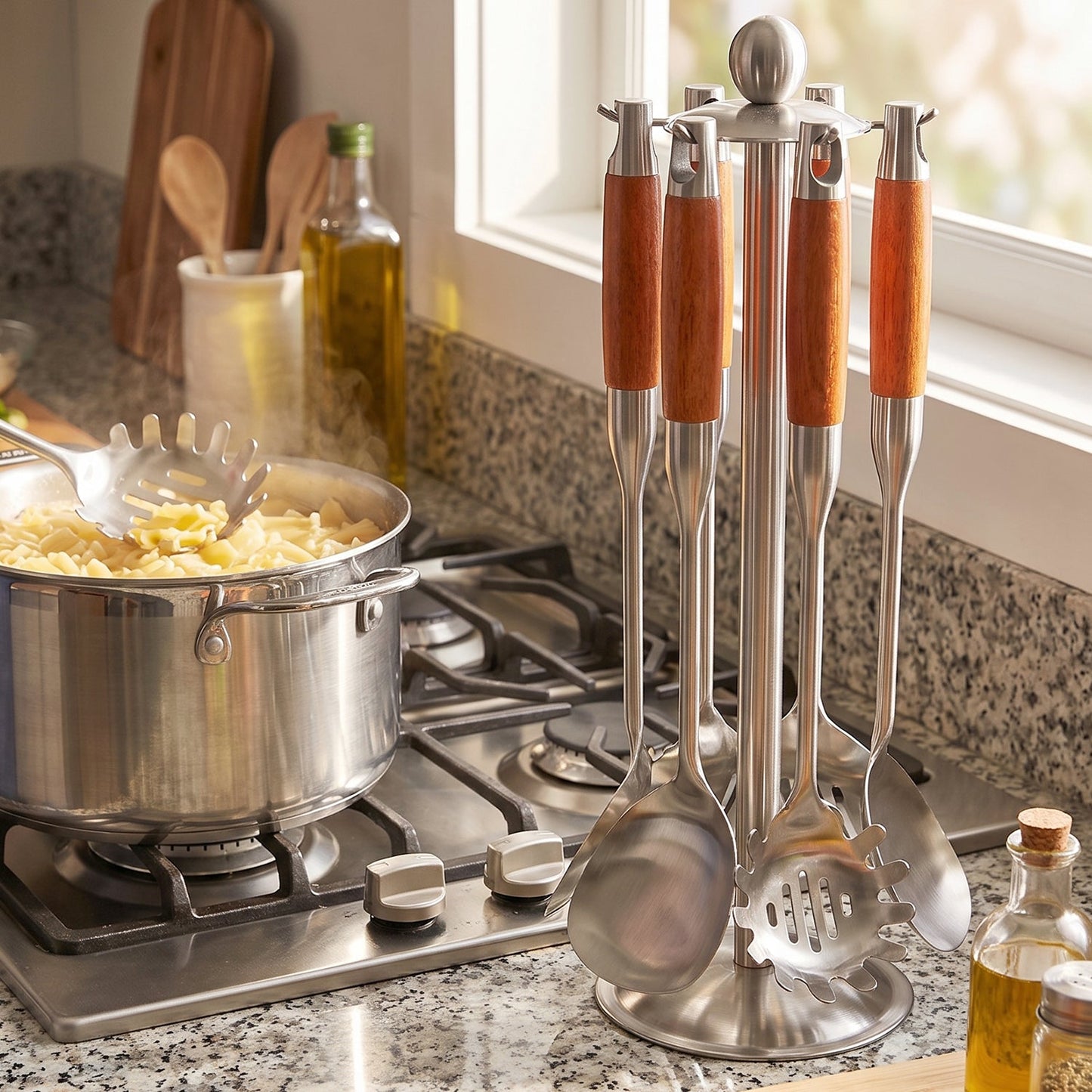 Kitchen utensils being used for cooking and serving