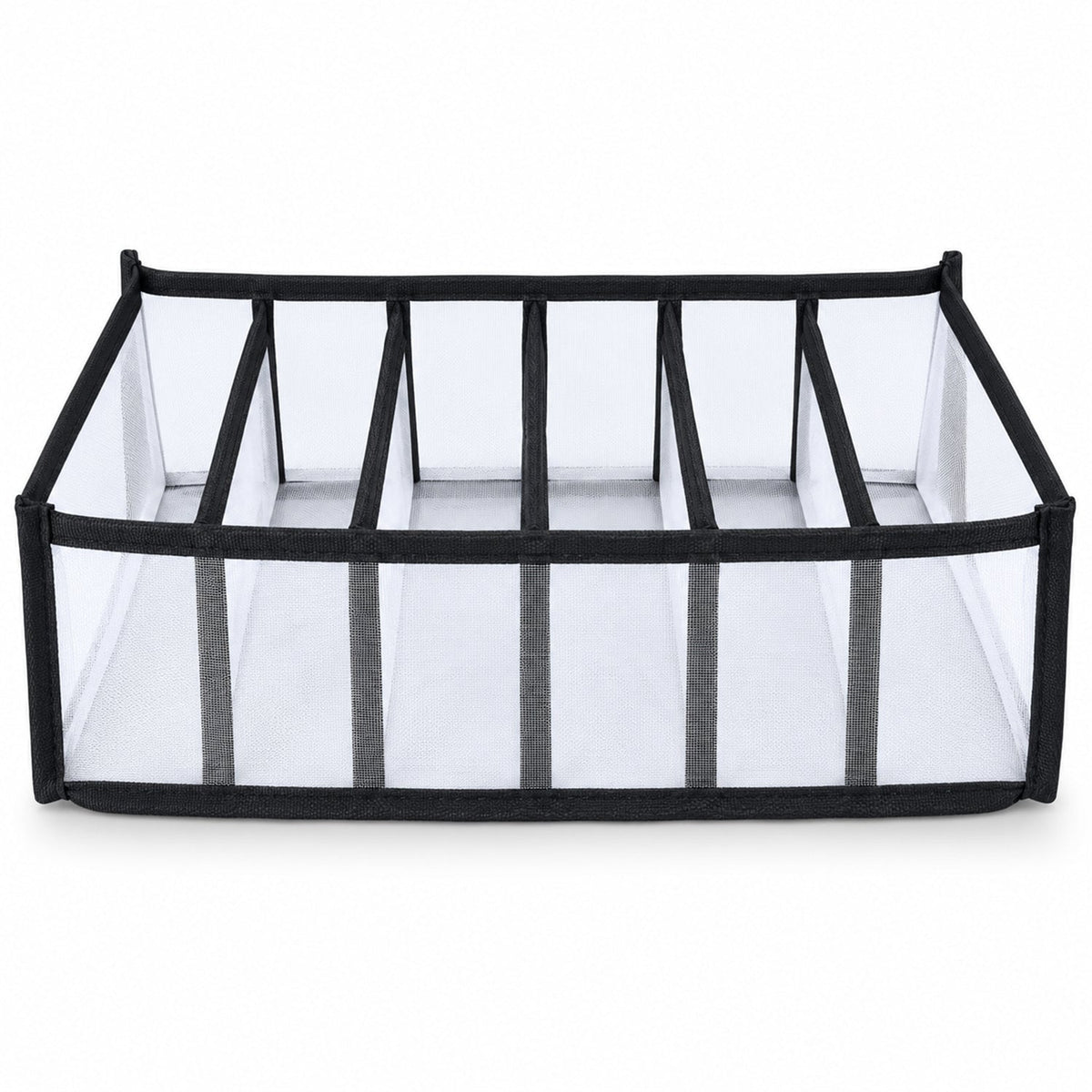 Six section mesh organizer on white background