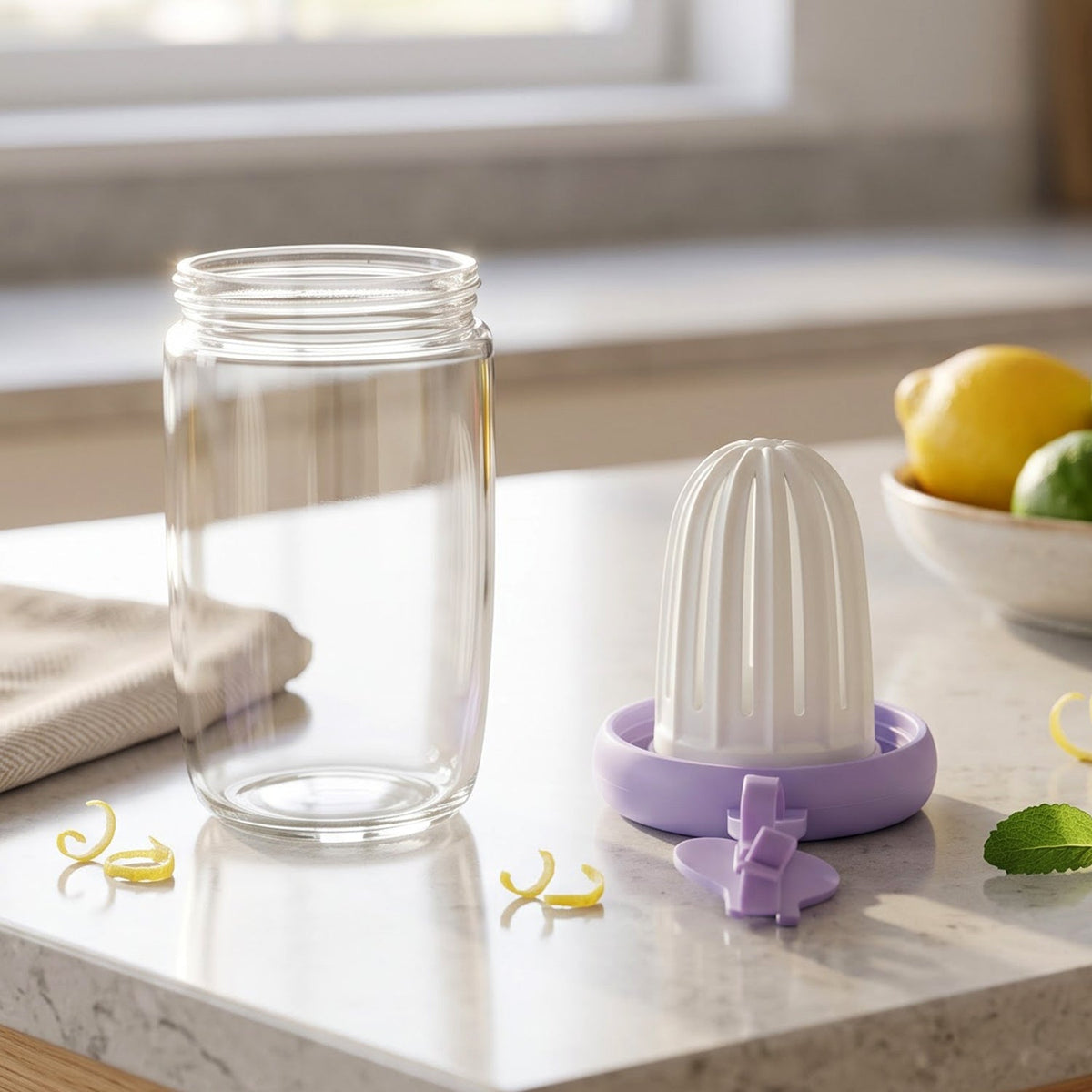 A disassembled glass tea sipper cup with its purple lid and white infuser sits on a kitchen counter with lemons and limes.